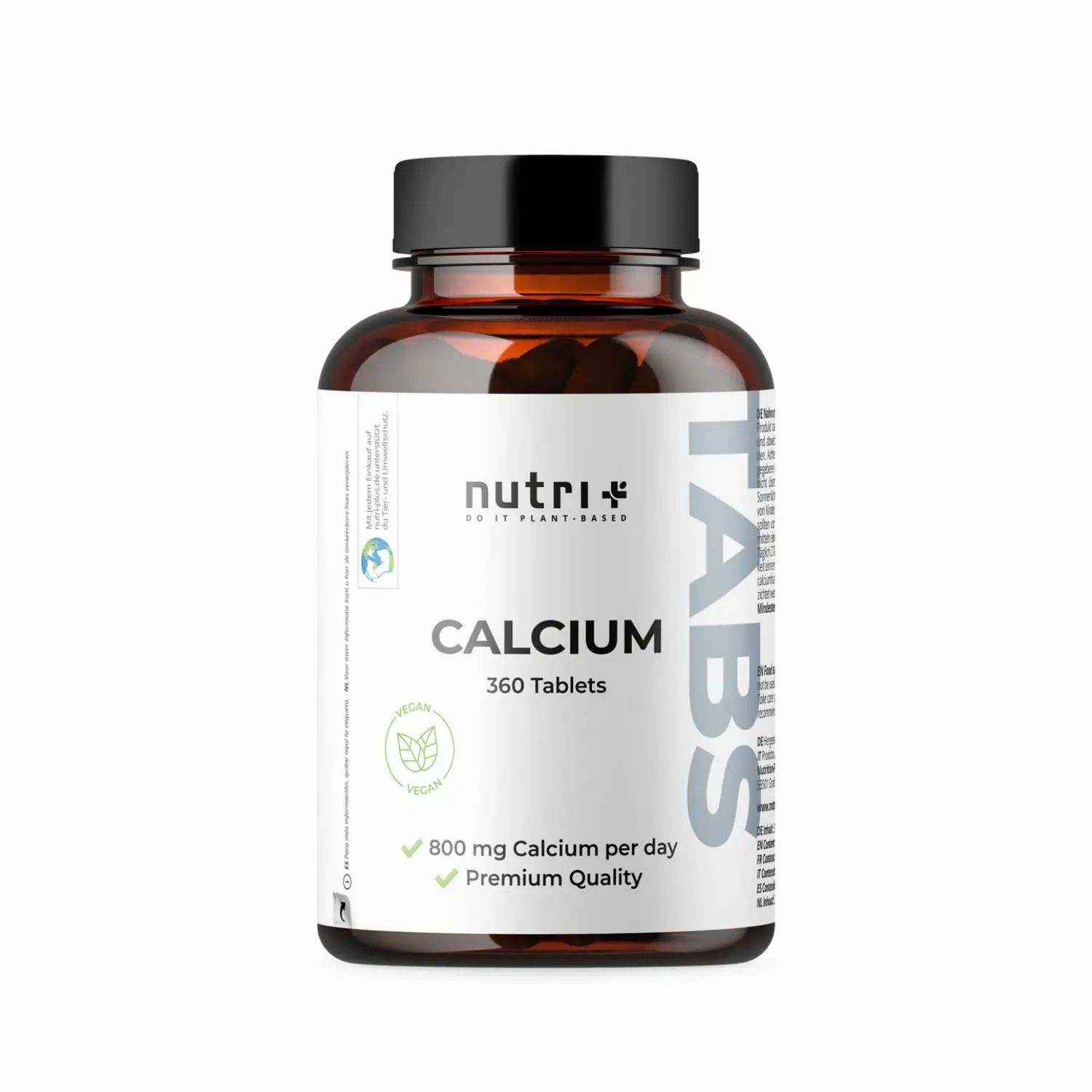 Braune Flasche mit schwarzem Deckel. Auf dem Etikett steht "Calcium 360 Tabletten". Logo: nutri+. Vegan-Siegel und Text: 800 mg Calcium pro Tag, Premium Quality.