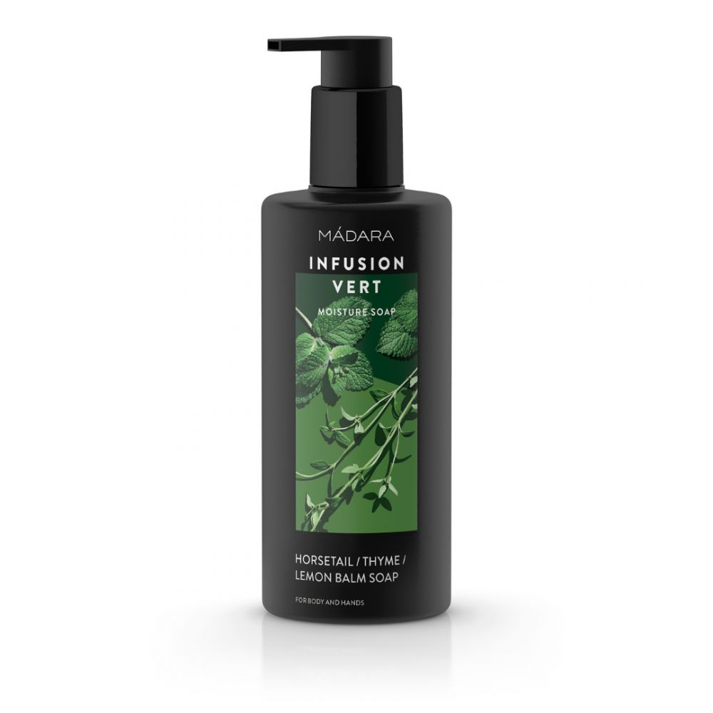 Schwarze Flasche mit Pumpe. Aufschrift: MÁDARA INFUSION VERT. Grün-weiße Grafik. Text: HORSETAIL/THYME/LEMON BALM SOAP.