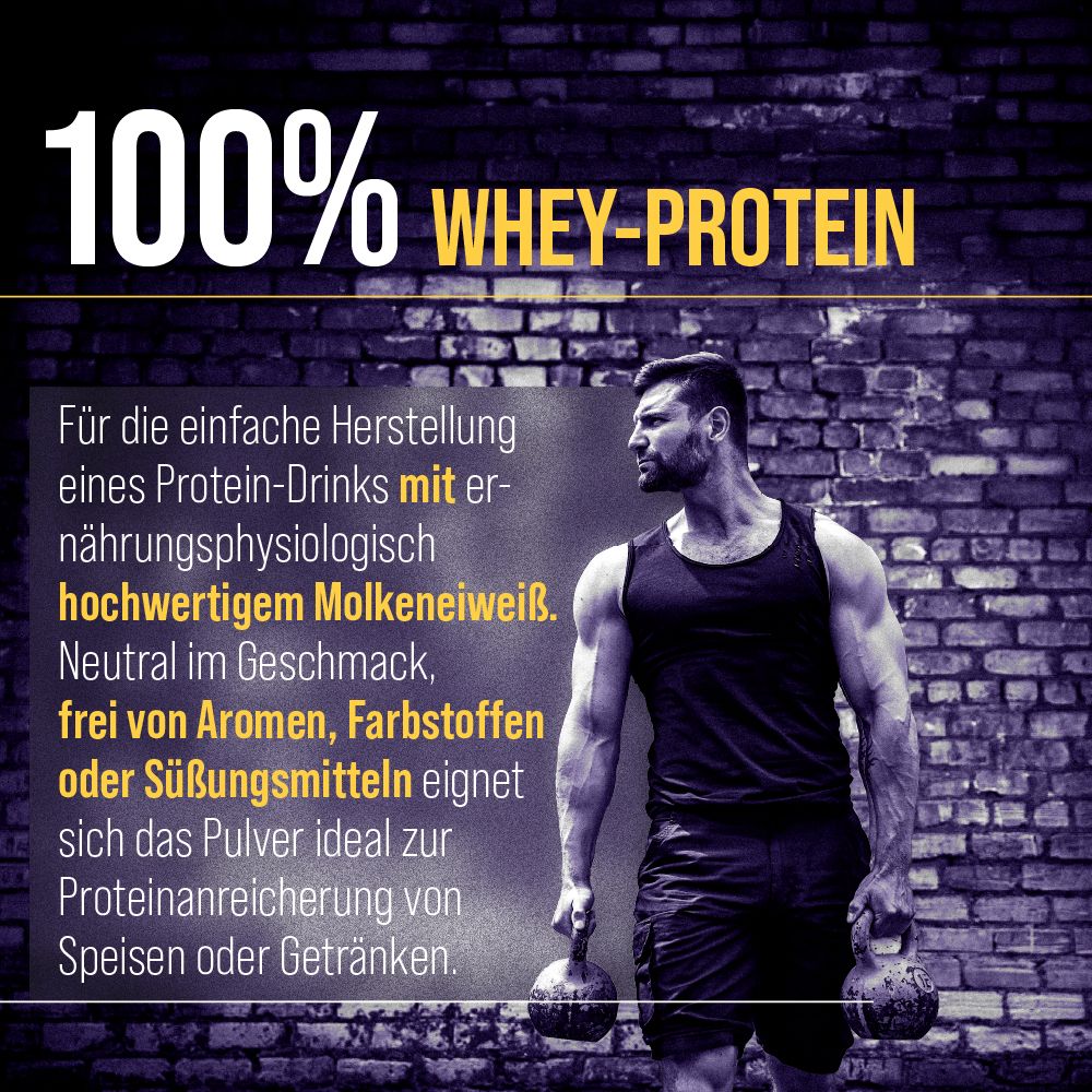 Mann mit Hanteln. Text: 100% Whey-Protein. Für Protein-Drinks. Frei von Aromen, Farbstoffen oder Süßungsmitteln.