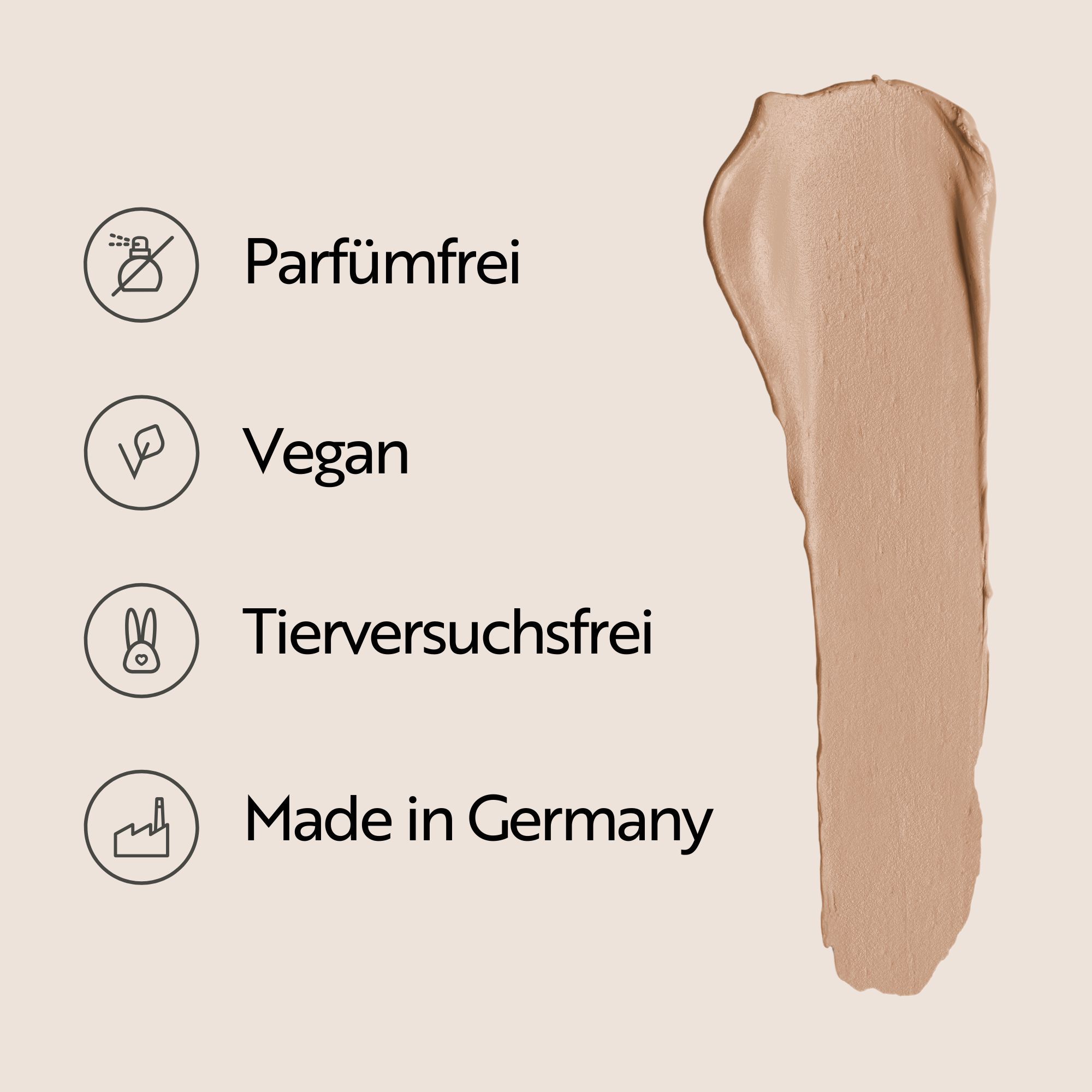 Produkt-Swatches. Text: Parfümfrei, Vegan, Tierversuchsfrei, Made in Germany. Farbton.