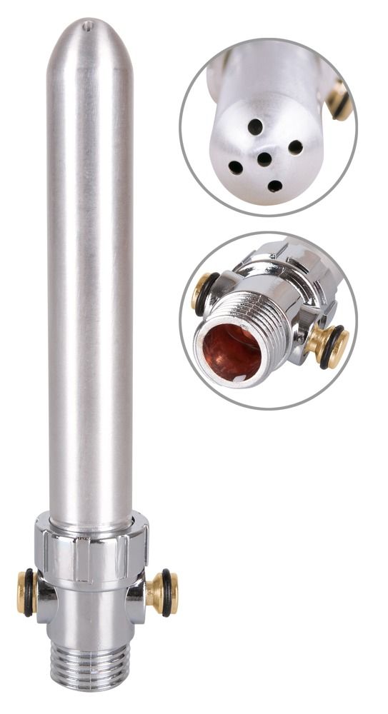 Intimdusche aus Aluminium. Zylindrischer Körper mit mehreren Düsen am Kopf. Chromfarbener Anschluss mit Messingelementen.