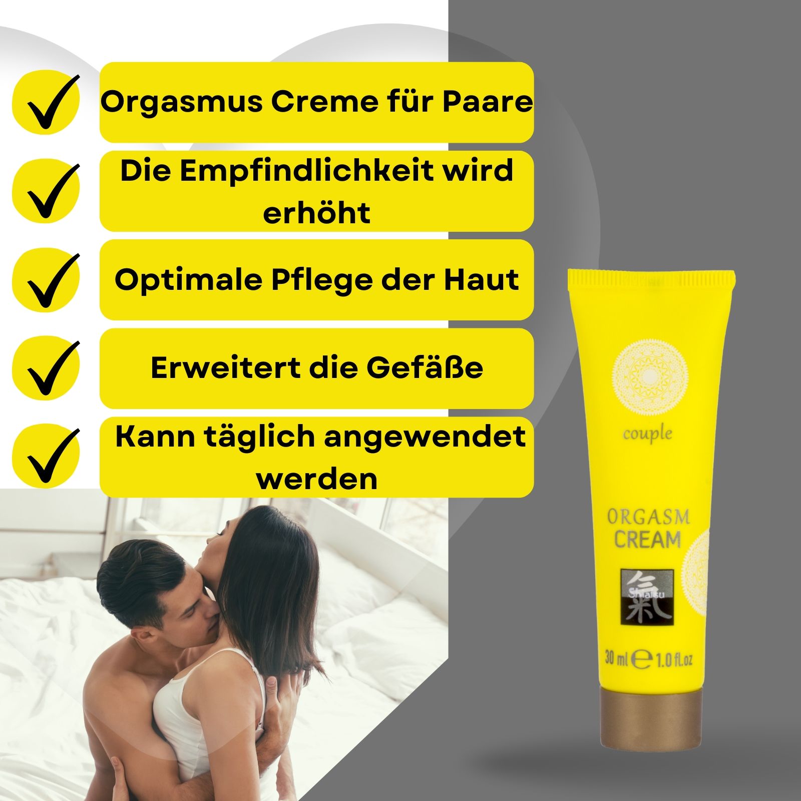 Gelbe Tube und Schachtel. Aufschrift: ORGASM CREAM, Shiatsu, 30 ml. Paar im Hintergrund.