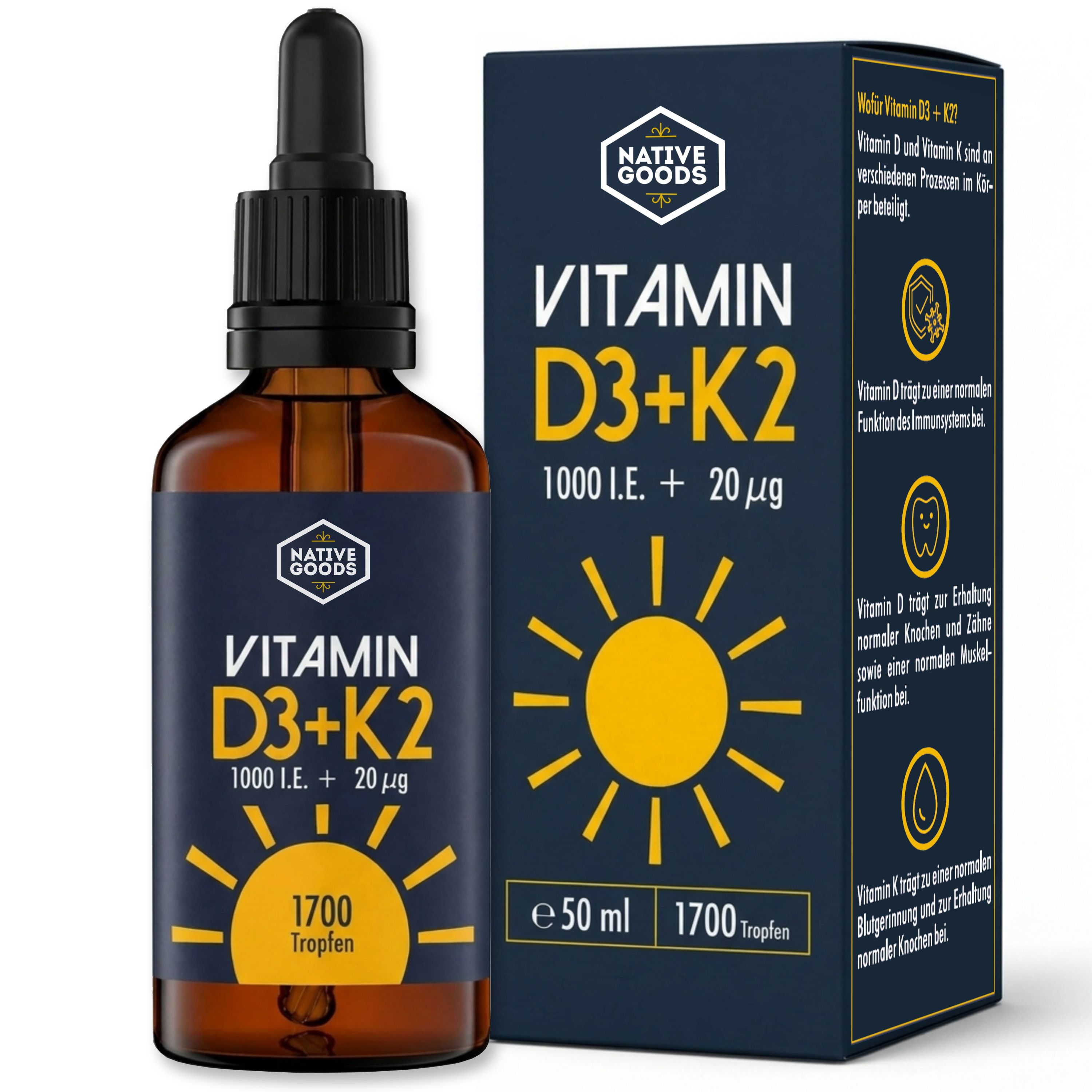 Braune Glasflasche mit Pipette und Kartonverpackung für Vitamin D3+K2 Tropfen.