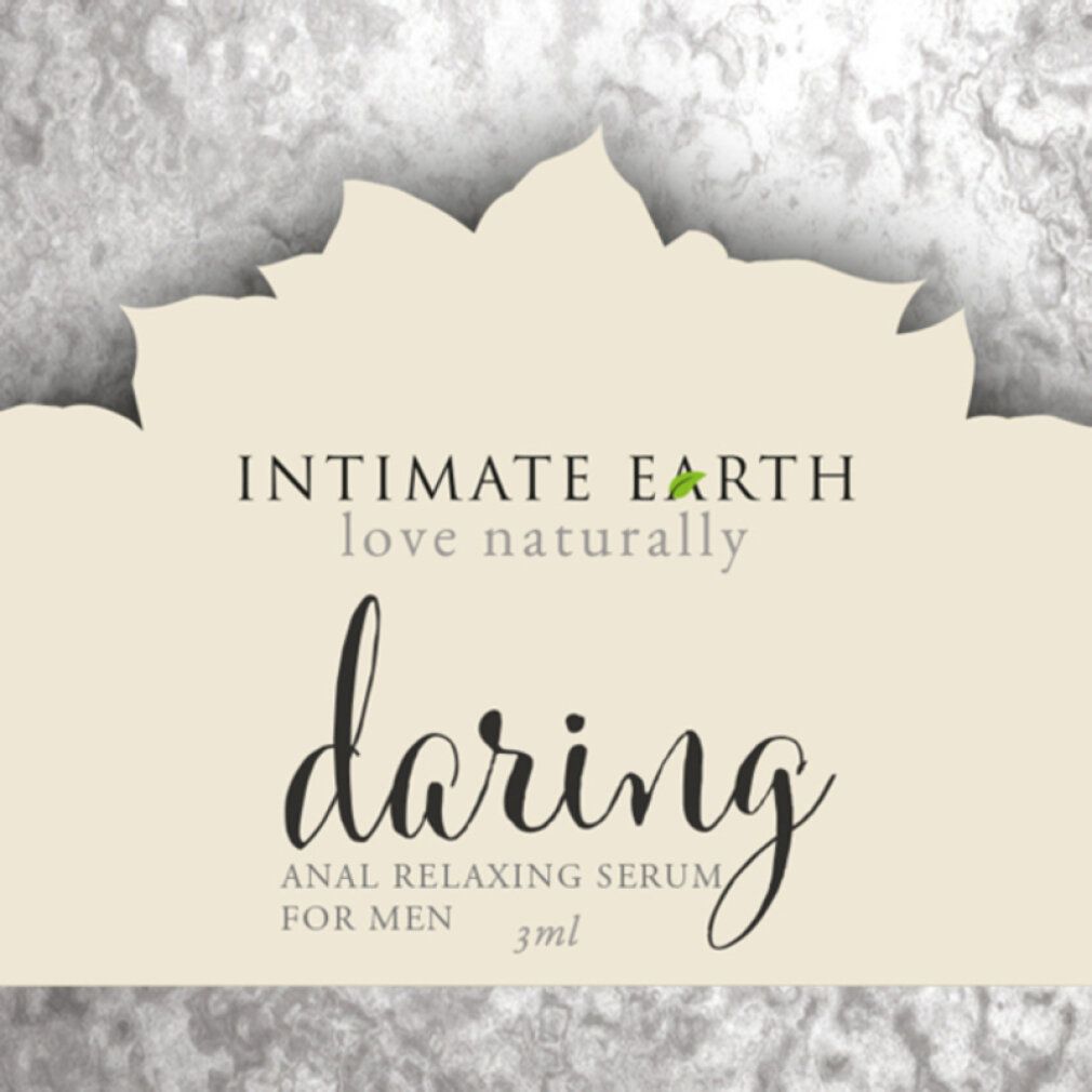 Produktetikett mit Schriftzug Intimate Earth, Daring, Anal Relaxing Serum für Männer. 3ml.