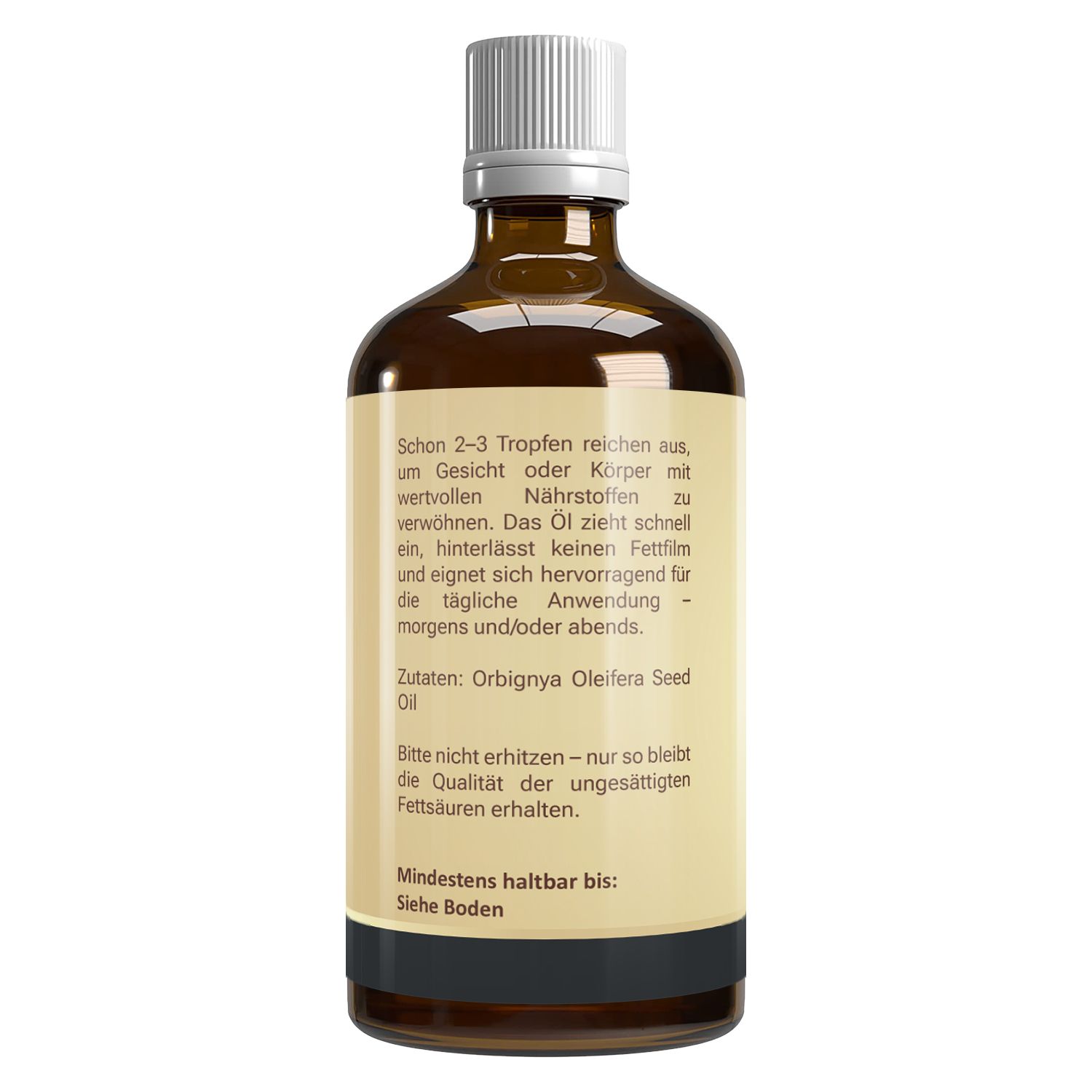 Braune Glasflasche mit weißem Deckel und Etikett. Text auf dem Etikett: Inhaltsstoffe, Anwendungshinweise und Mindesthaltbarkeit.