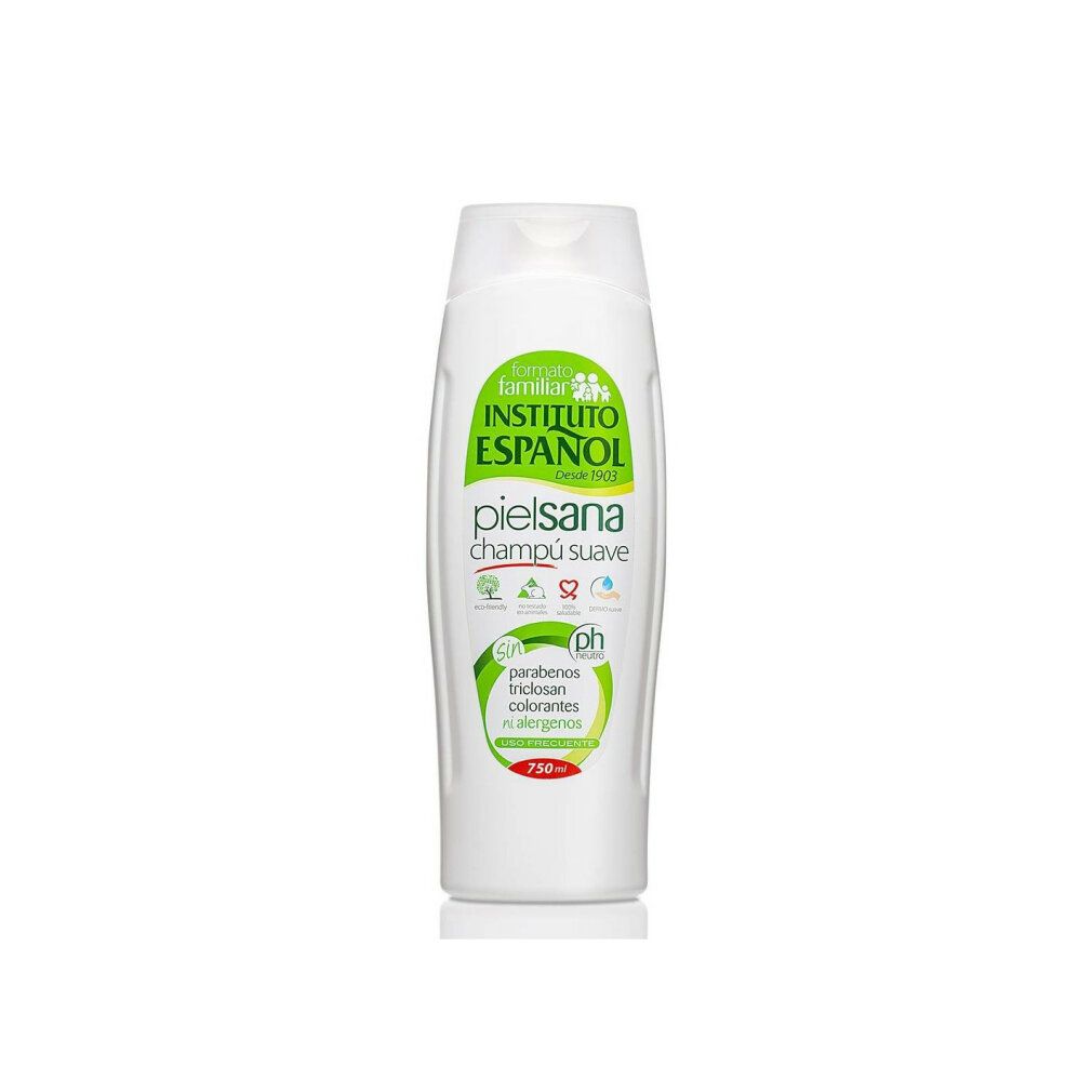 Weiße Flasche Mildes Shampoo mit grüner und weißer Beschriftung. Enthält Symbole für pH-Wert und hypoallergene Eigenschaften.