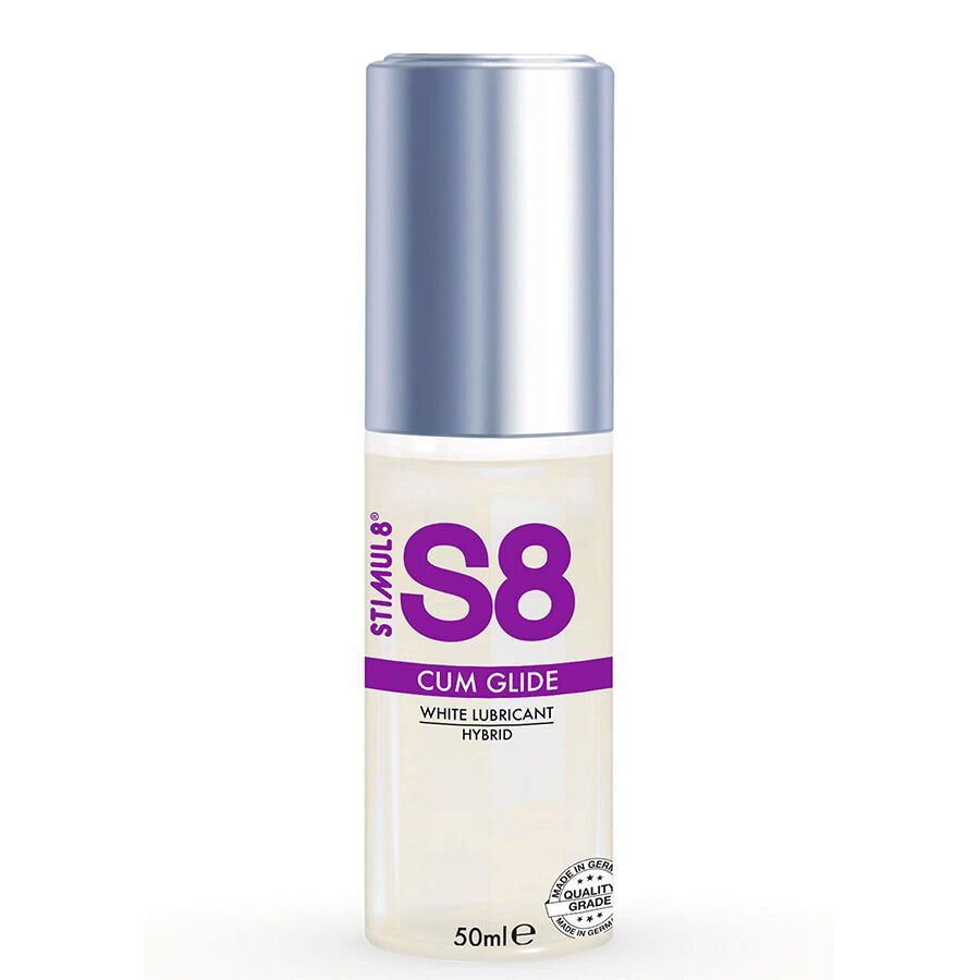 Zylindrische Flasche mit silbernem Deckel. Aufschrift S8, Cum Glide, White Lubricant Hybrid. 50ml.