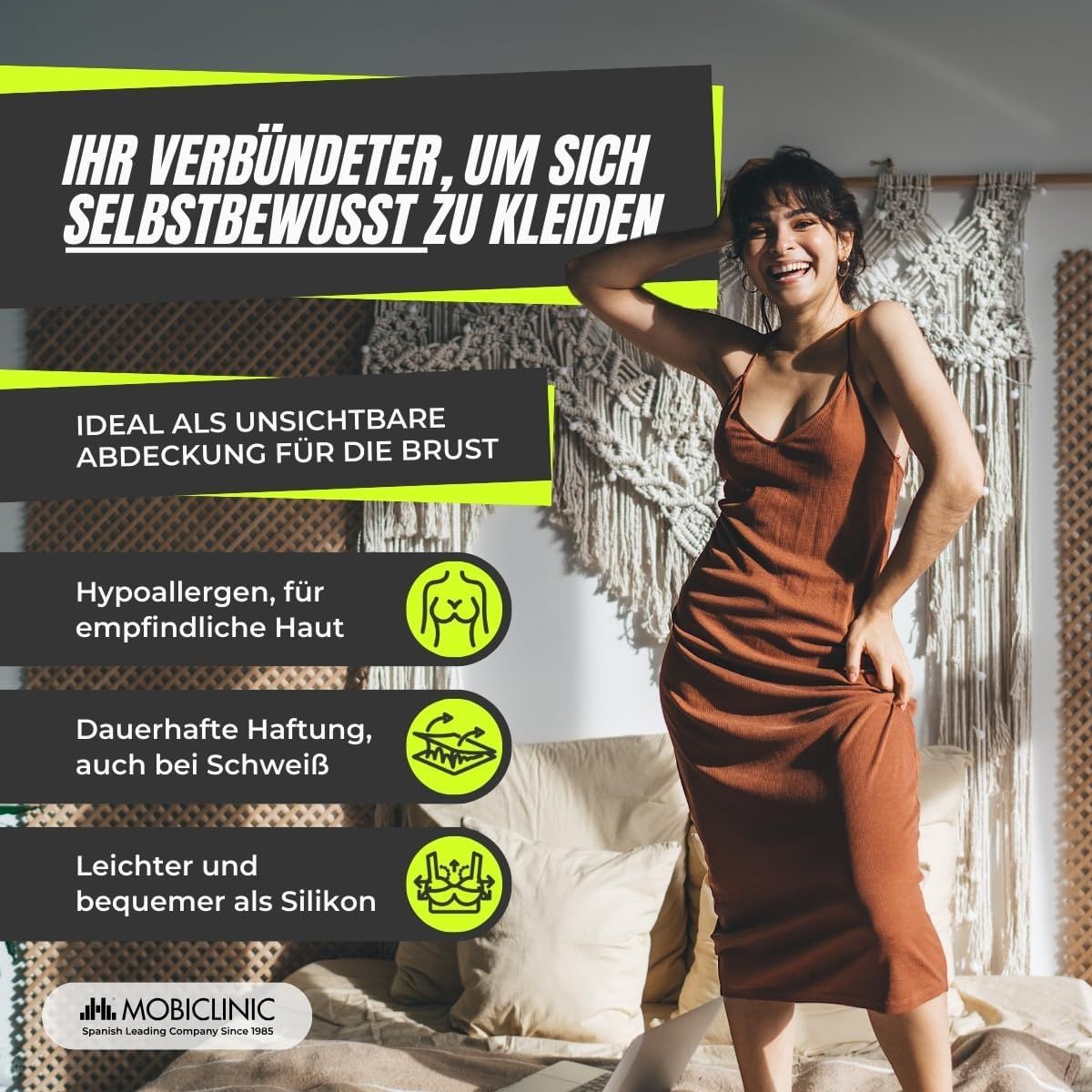 Frau trägt ein Kleid, mit Text über hypoallergenes, haftendes Brust-Cover.