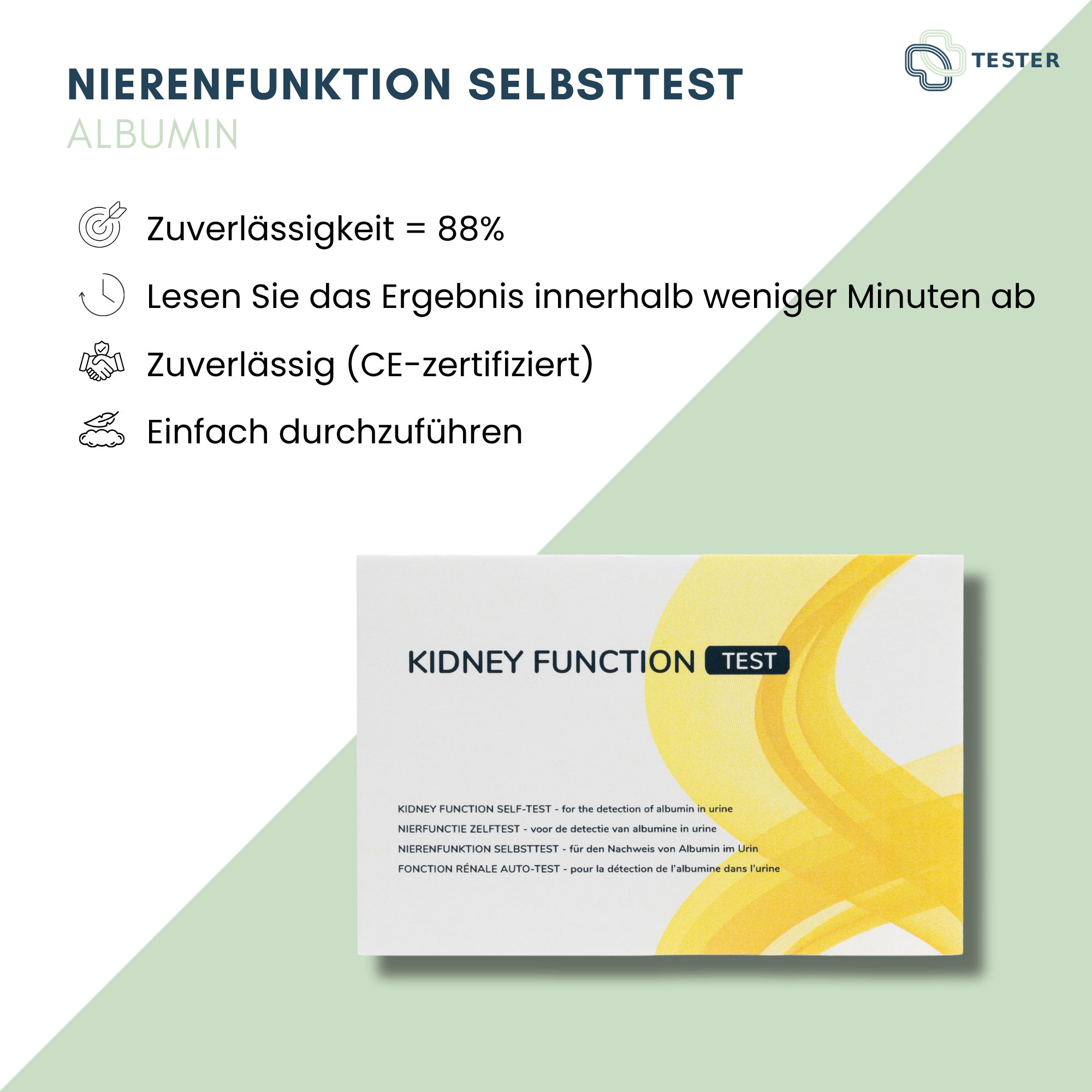 Produktverpackung mit Text: Nierenfunktion Selbsttest, Albumin. Diagramm mit Informationen zur Zuverlässigkeit und CE-Zertifizierung.