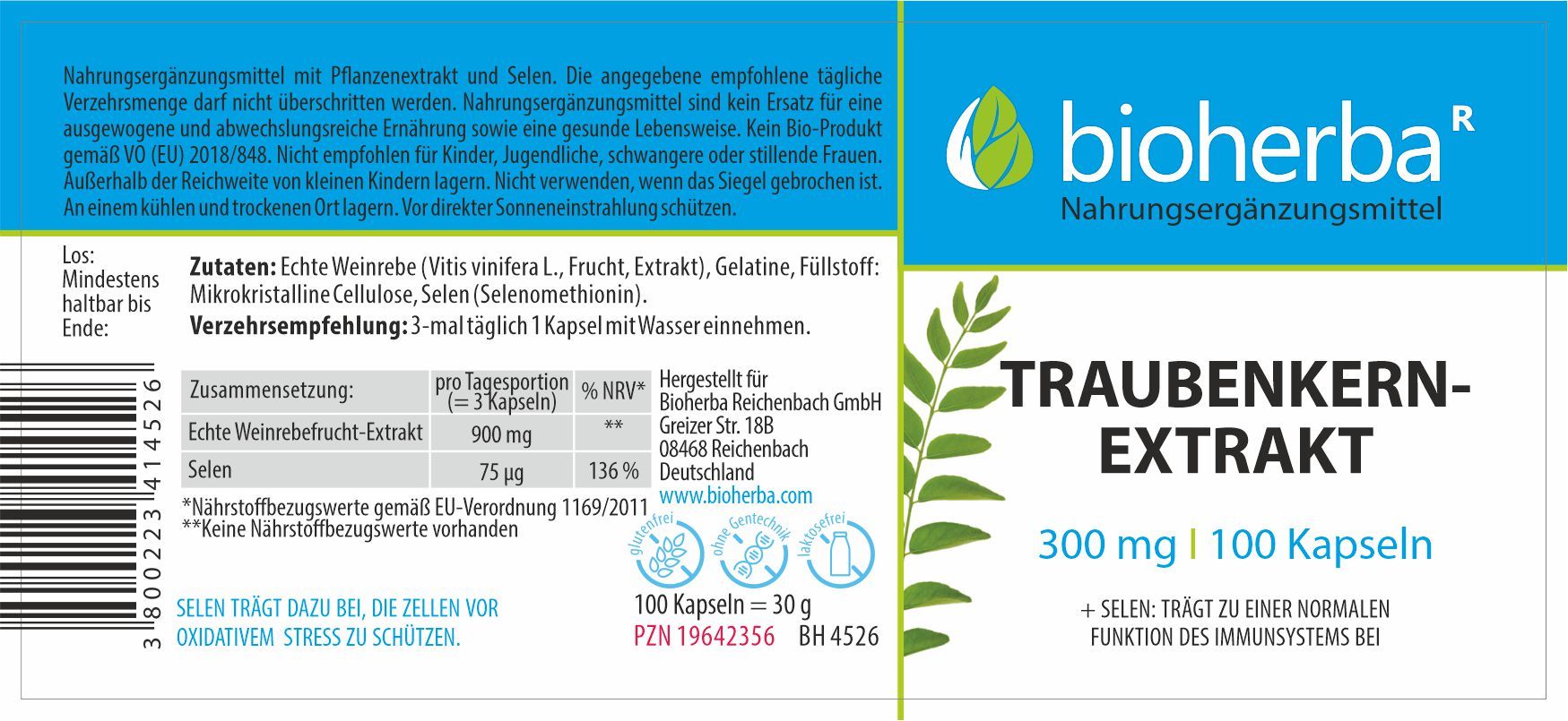 Etikett mit "bioherba" Logo und "Traubenkern Extrakt" Schriftzug. Enthält 100 Kapseln. Text über Inhaltsstoffe und Anwendung.