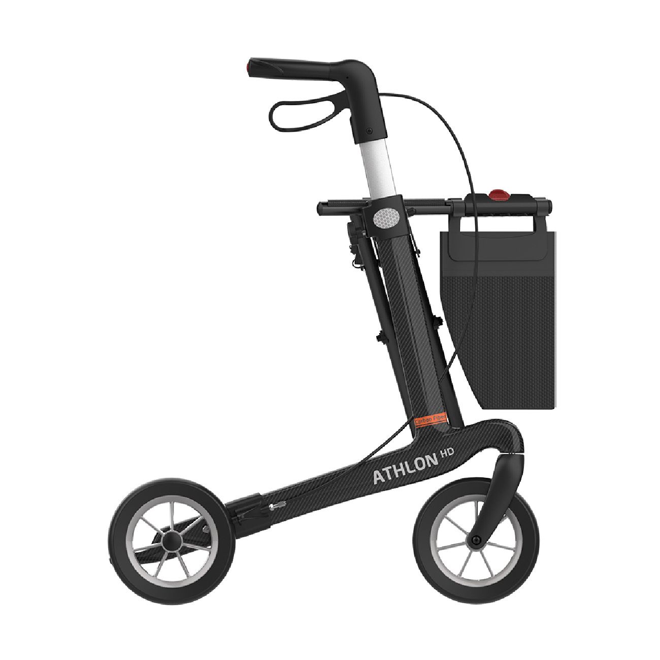 Schwarzer Rollator, Seitenansicht. Graue Räder. ATHLON HD Schriftzug.