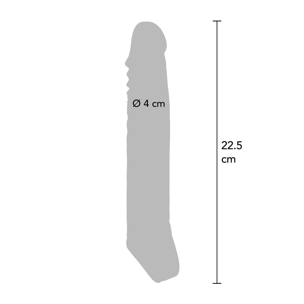 Graue Silhouette einer Penishülle mit Maßangaben. Durchmesser: 4 cm. Länge: 22,5 cm.