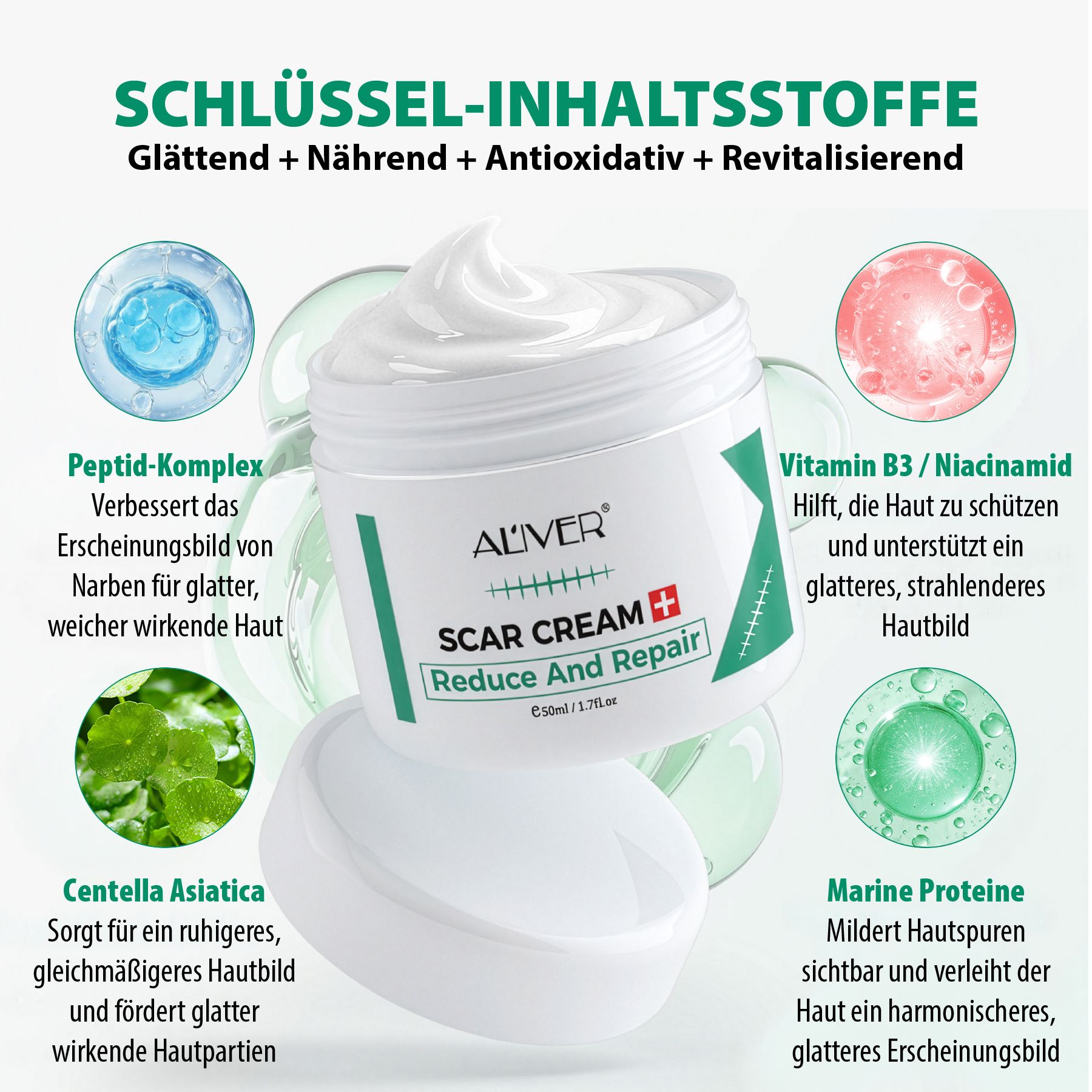 Weißer Tiegel mit Creme. ALIVER Scar Cream. Reduziert Narben. Schlüssel-Inhaltsstoffe: Peptid-Komplex, Vitamin B3, Centella Asiatica, Marine Proteine.