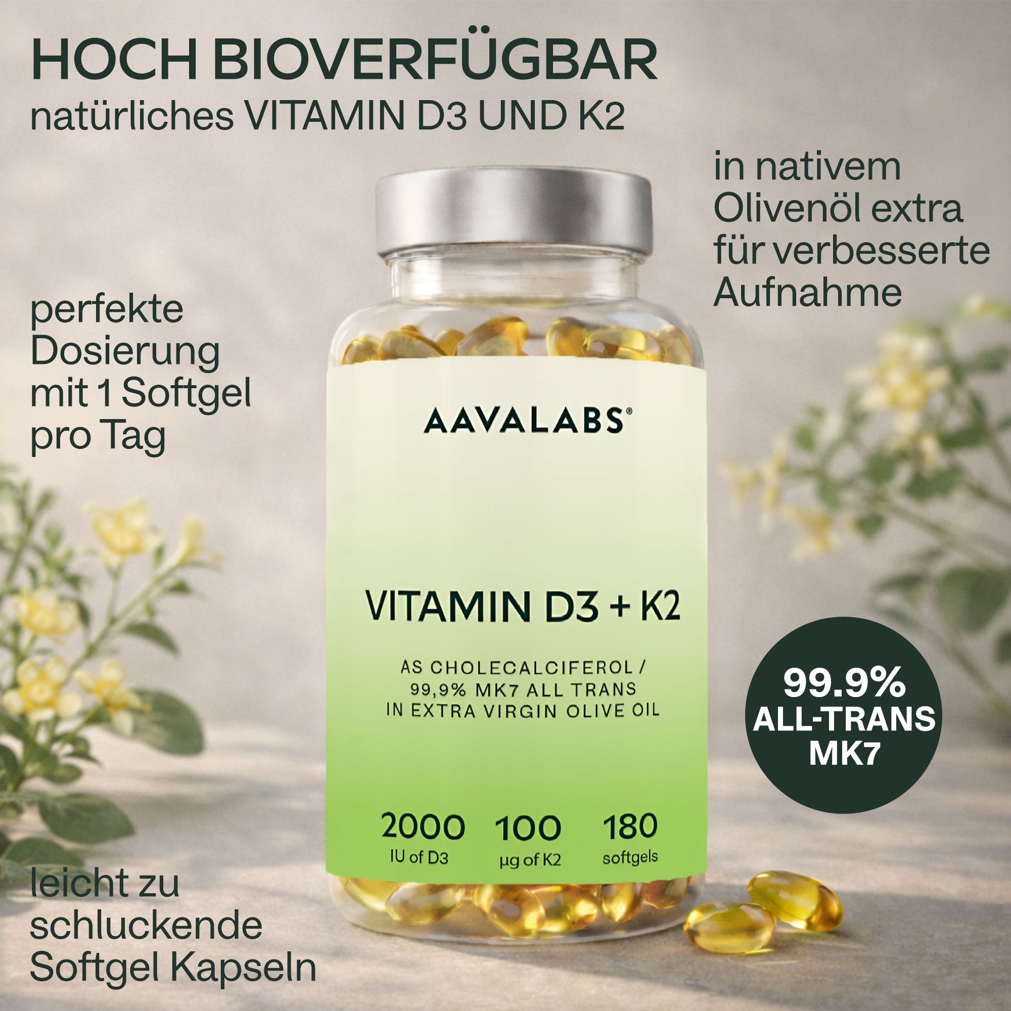 Kapselglas mit Text. AAVALABS, Vitamin D3 + K2. 2000 IE D3, 100 µg K2. 99,9% All-Trans MK7.