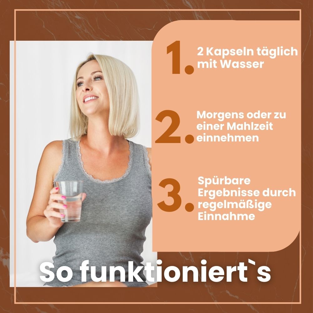 Frau mit Glas Wasser. Text: 2 Kapseln täglich mit Wasser. Morgens oder zu einer Mahlzeit einnehmen. Spürbare Ergebnisse.