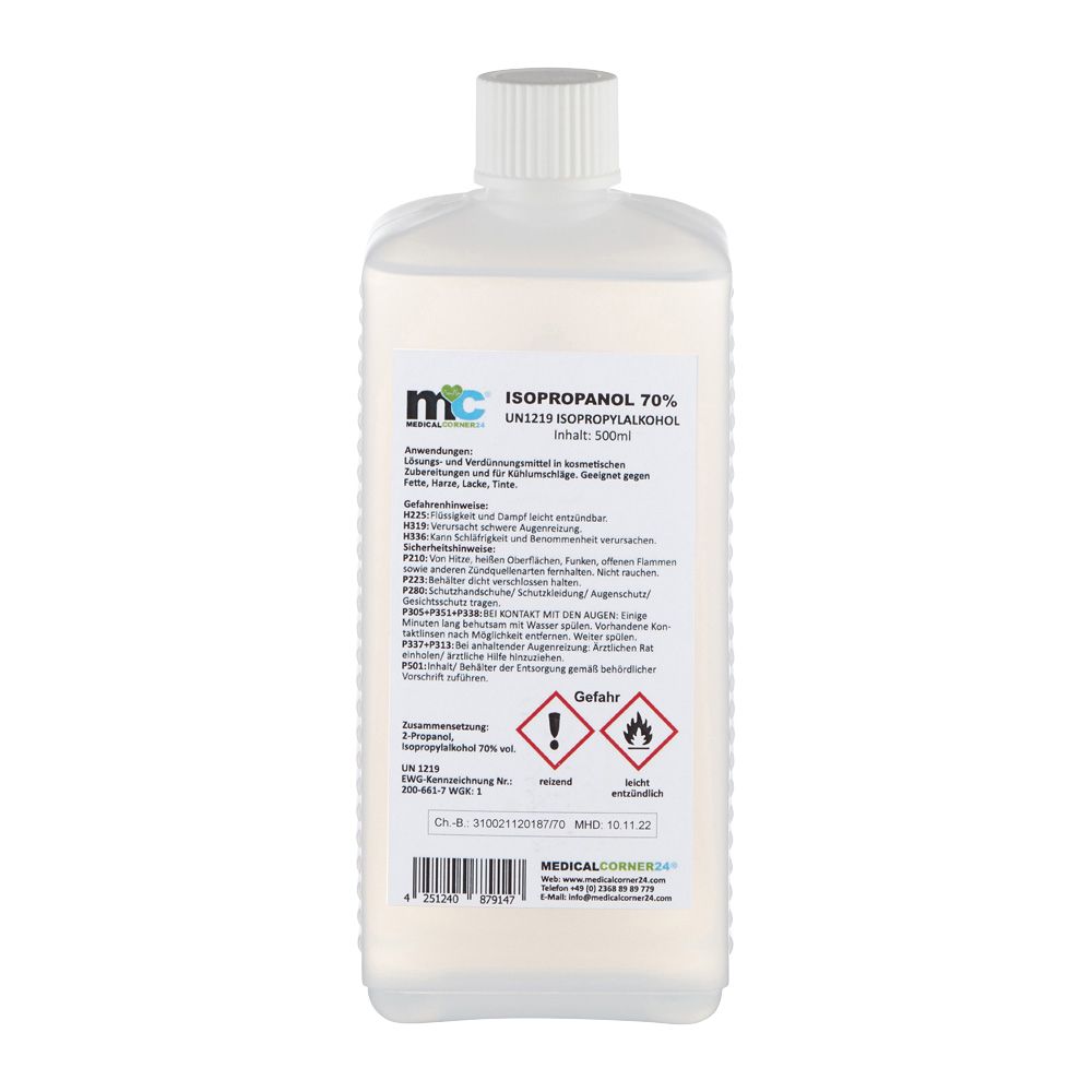 Eine 500ml Isopropanol 70% Flasche mit Etikett, das Anwendungshinweise und Gefahrensymbole zeigt.