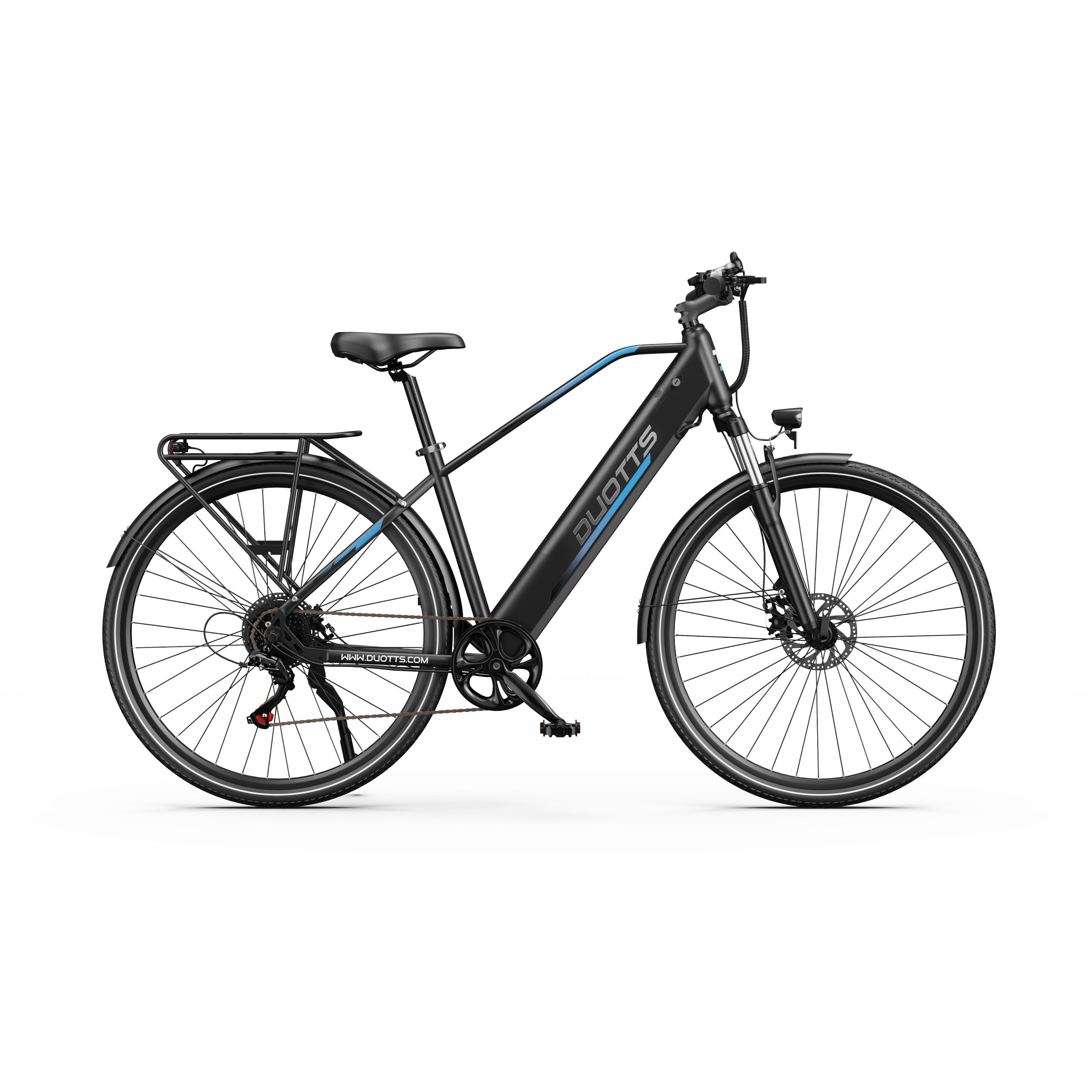 Schwarzes DUOTTS C29Lite E-Bike. Gepäckträger, Scheibenbremsen. Blaue Akzente am Rahmen. Seitenansicht.