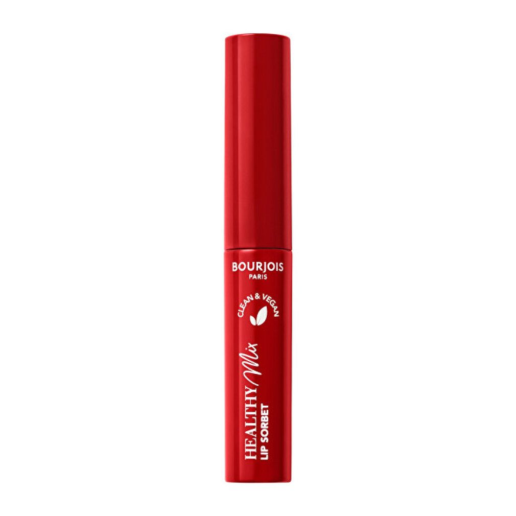 Roter Lippenstift mit silberner Kappe. Aufschrift: Bourjois, Healthy Mix, Lip Sorbet. Vegan.