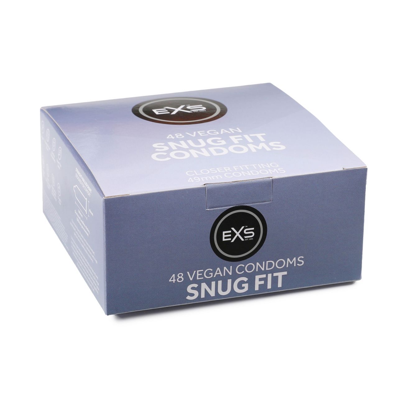 Verpackung mit 48 veganen EXS Snug Fit Kondomen, enger sitzend.