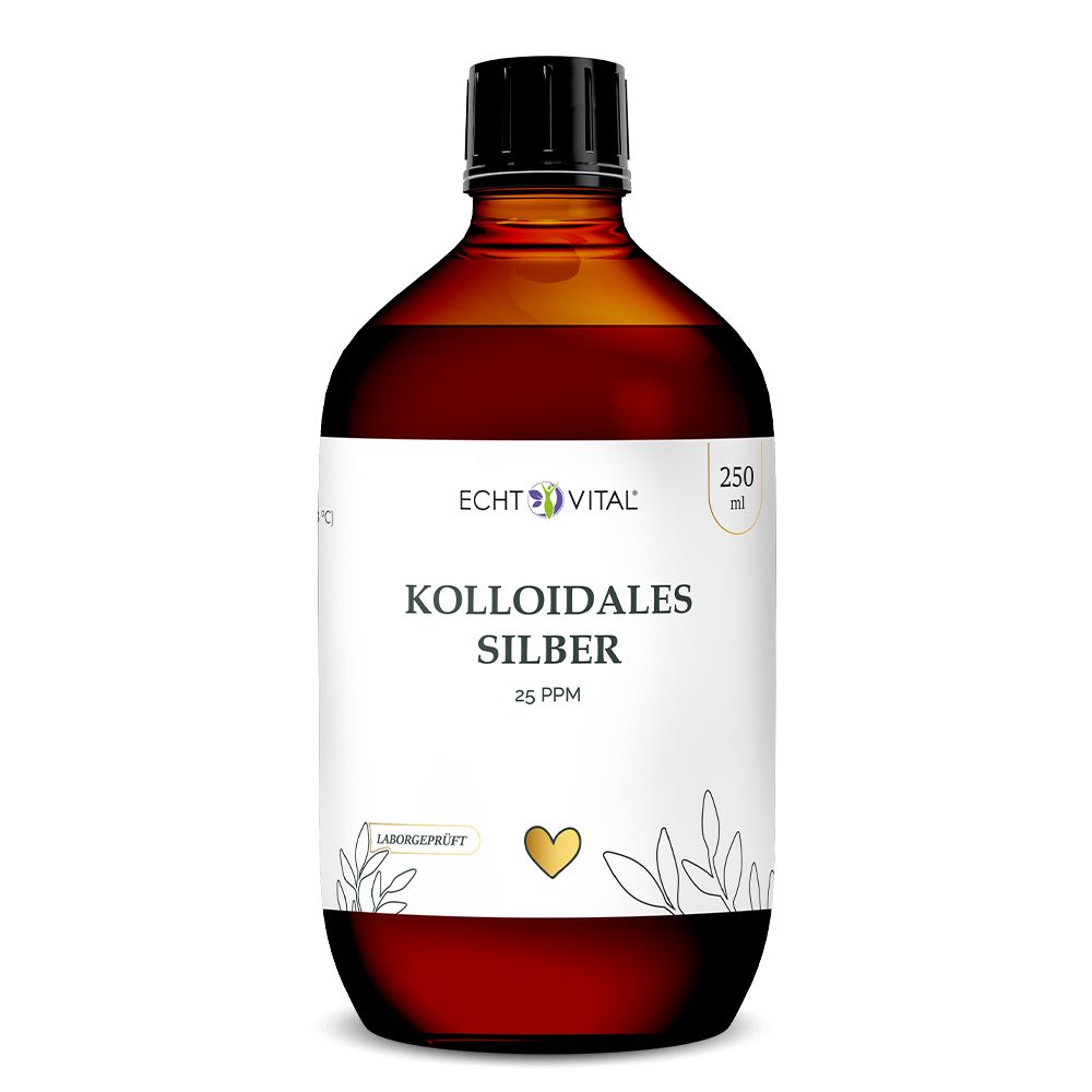 Braune Glasflasche mit schwarzem Deckel und weißem Etikett. Aufschrift: KOLLOIDALES SILBER 25 PPM. 250 ml.
