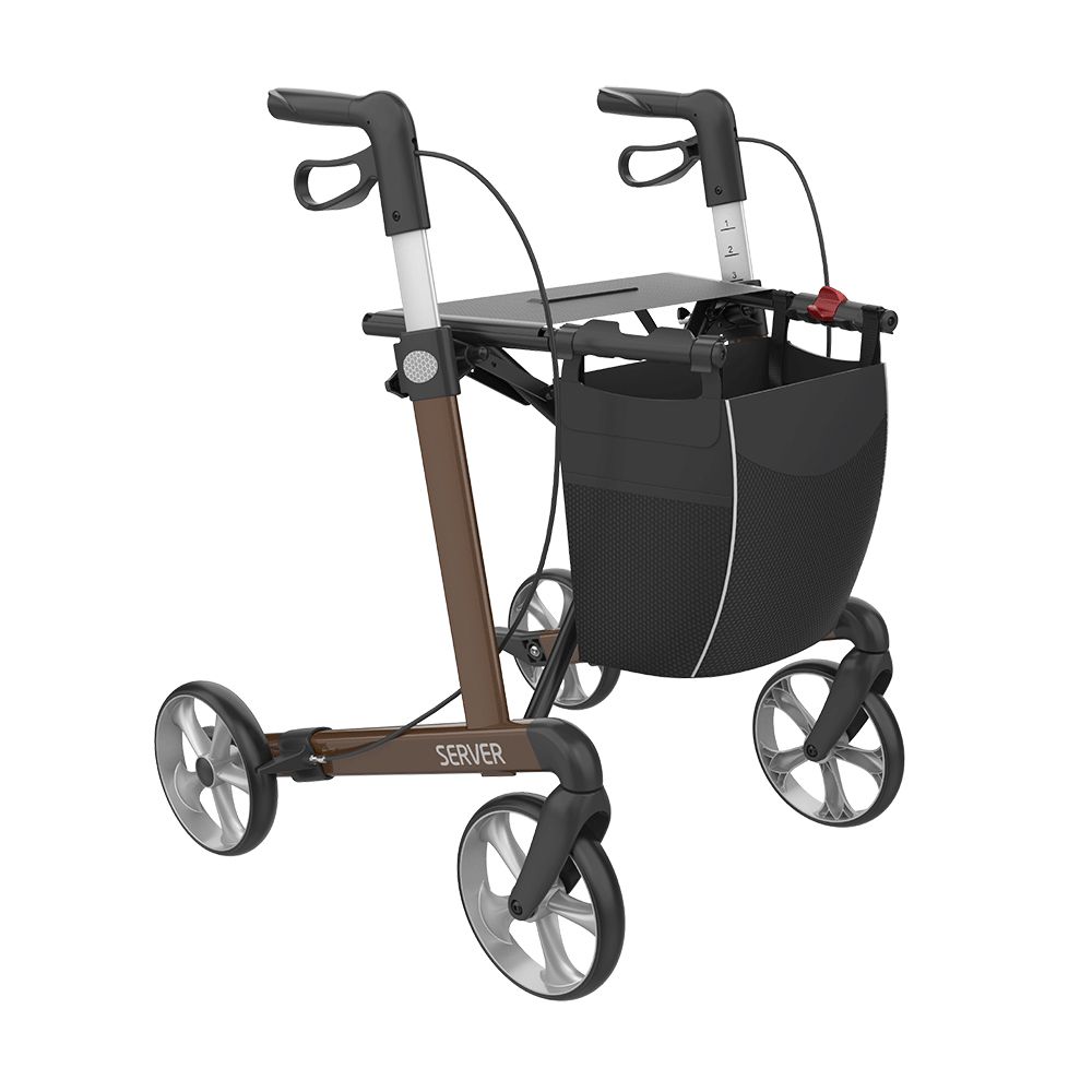 Rollator mit braunem Rahmen, schwarzen Griffen und Rädern. Schwarze Tasche vorne. Marke SERVER.