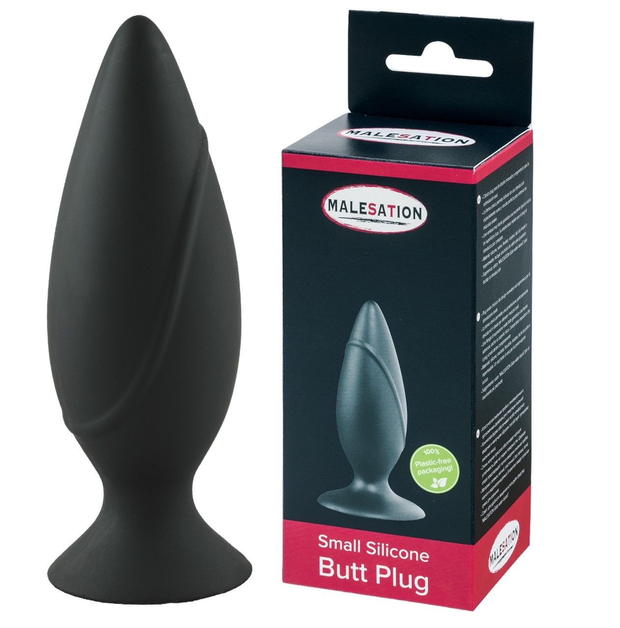 Schwarzer Silikon-Plug mit breiter Basis und gerillter Oberfläche. Daneben die Verpackung.