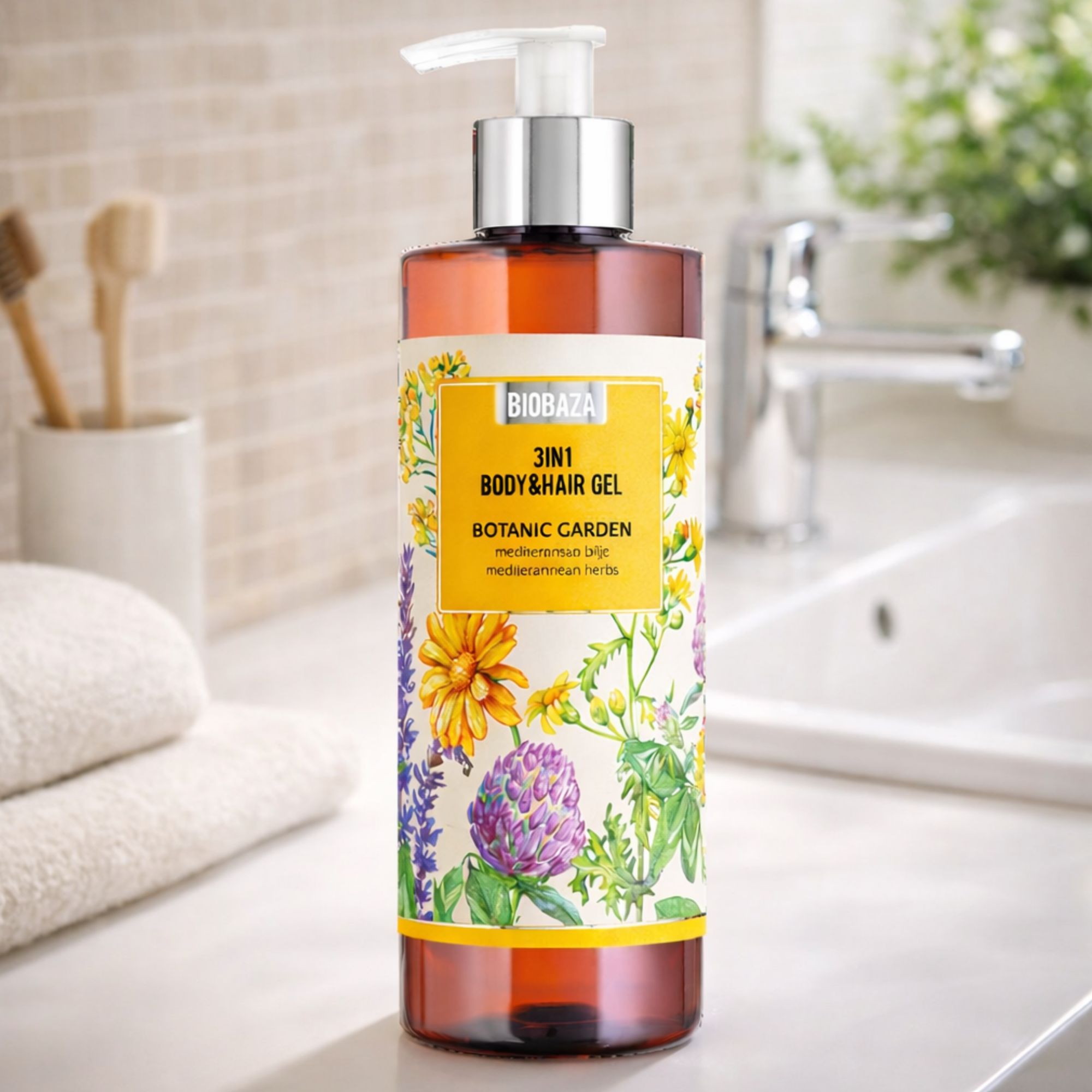 Braune Flasche mit Etikett. Aufschrift: Biobaza 3in1 Body&Hair Gel Botanic Garden. Steht auf einer Ablage.