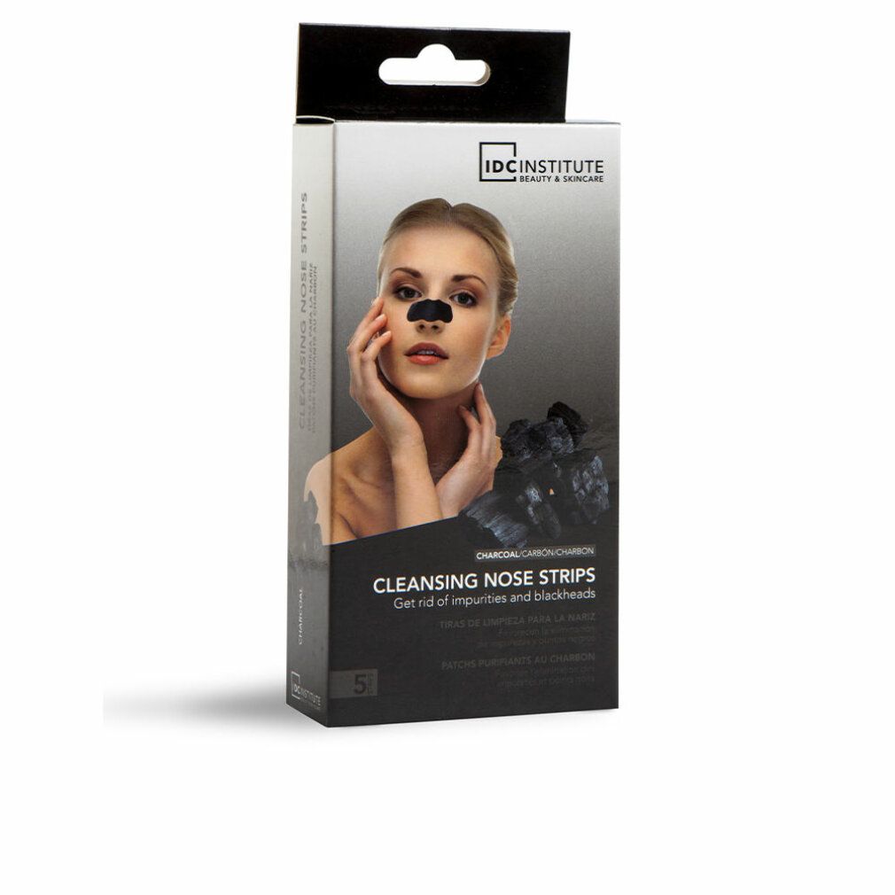 Verpackung mit Reinigungs-Nasenstreifen. Aufdruck: IDC INSTITUTE, Charcoal, 5 Stück. Abbildung einer Frau mit Nasenstreifen.