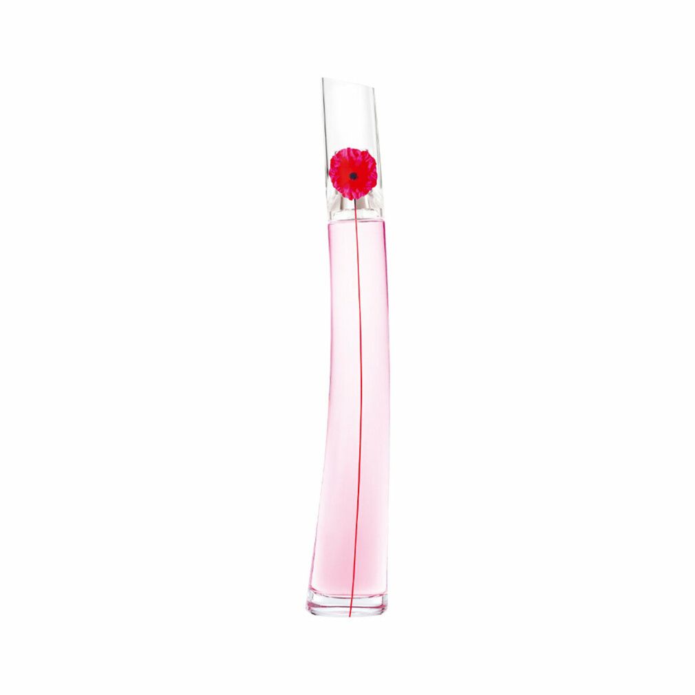Rosa Flakon mit roter Mohnblüte. Transparenter Verschluss. Roter Strich von Blüte zum Flakonboden.