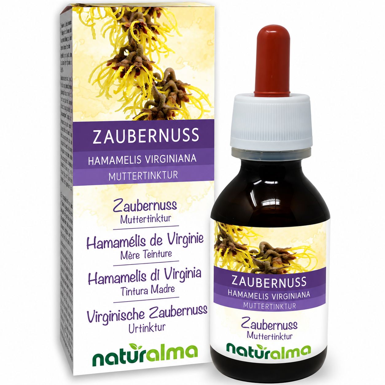 Flasche und Karton mit Zaubernuss (Hamamelis Virginiana) Muttertinktur von Naturalma.