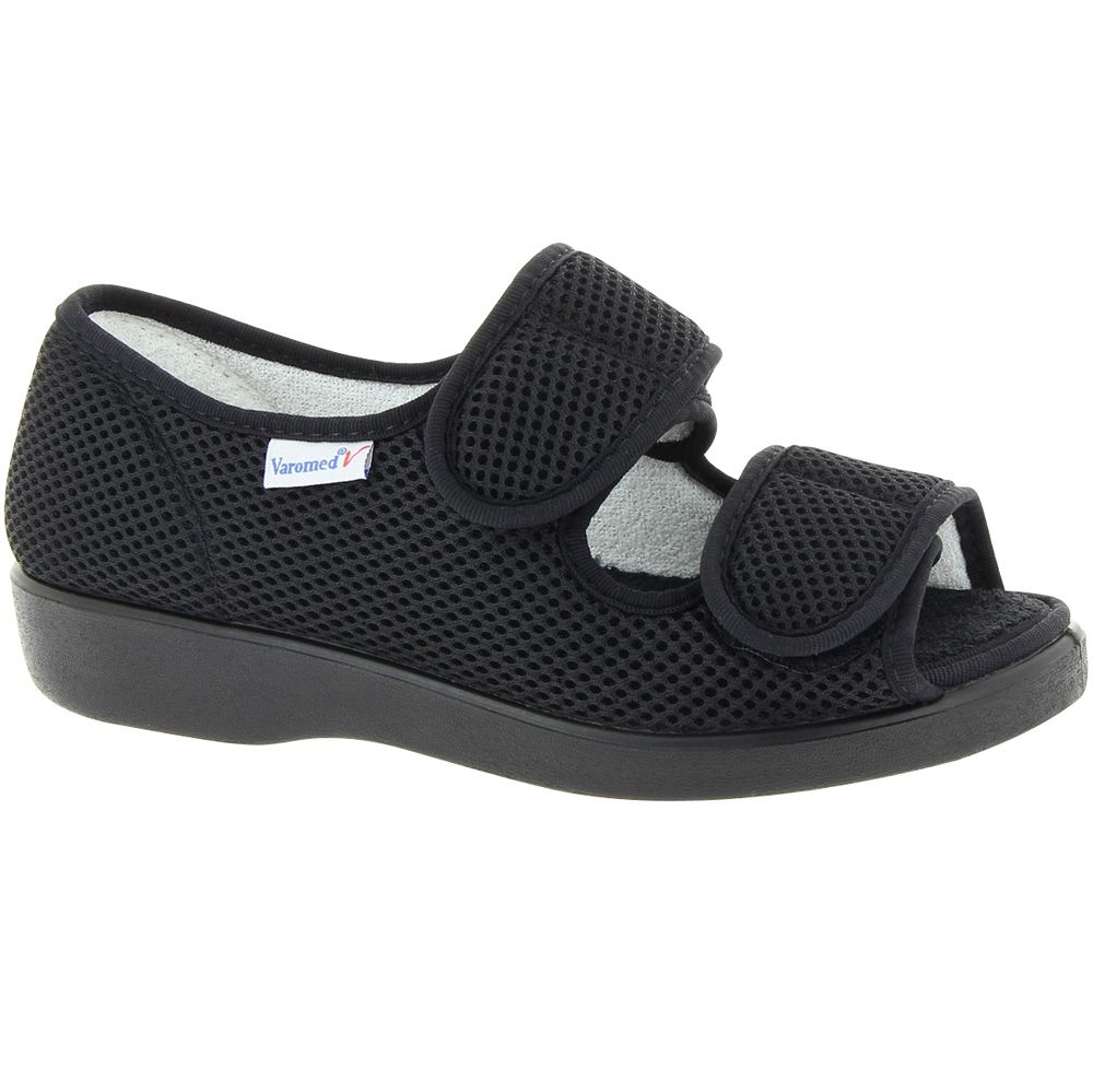 Schwarzer Varomed Halbschuh "Göteborg" Weite L. Offener Zehenbereich, Klettverschlüsse. Mesh-Obermaterial, gepolsterte Innensohle.