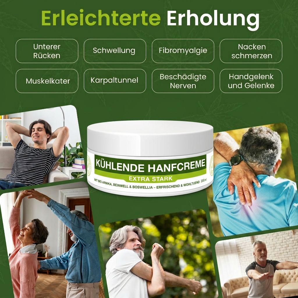 Weißes Tiegel mit grüner Aufschrift: KÜHLENDE HANFCREME. Extra Stark. Menschen in verschiedenen Posen, die sich entspannen und bewegen.