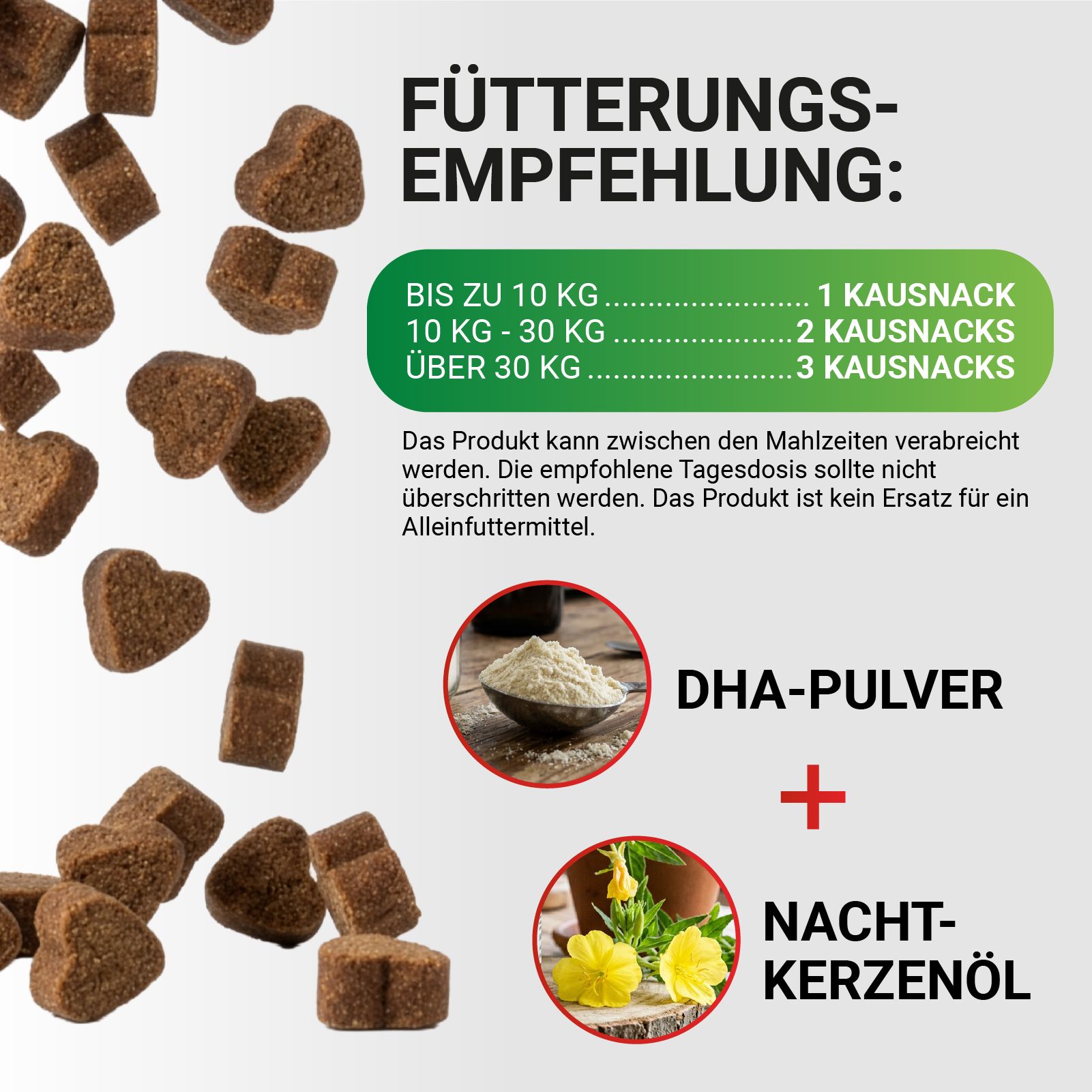 Fütterungsempfehlung für Soft Snacks: 1-3 Kausnacks je nach Gewicht.