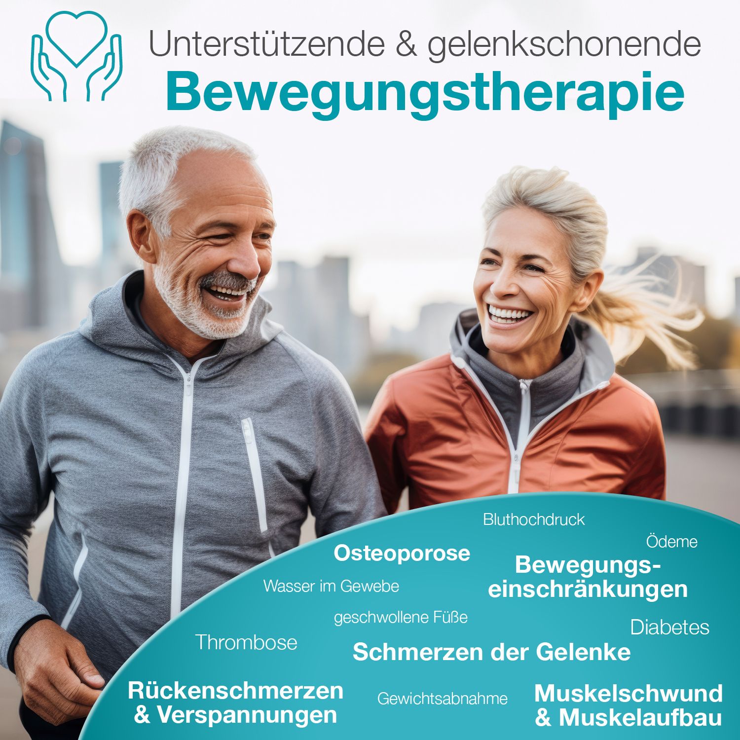 Älteres Paar lächelt. Text: Unterstützende & gelenkschonende Bewegungstherapie. Auflistung von Beschwerden.