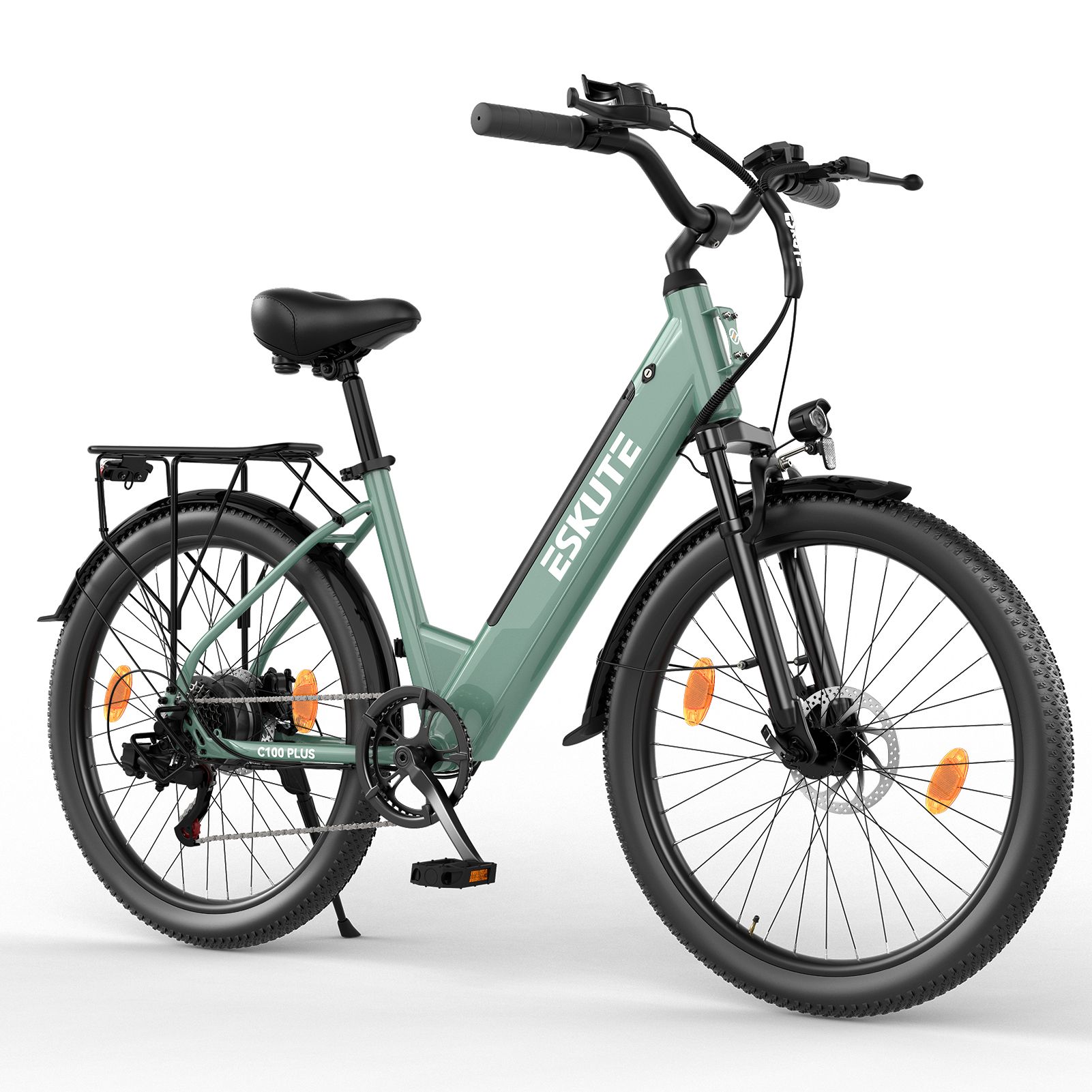 Grünes Elektro-Citybike mit Gepäckträger, Scheinwerfer und Rücklicht. Marke ESKUTE.