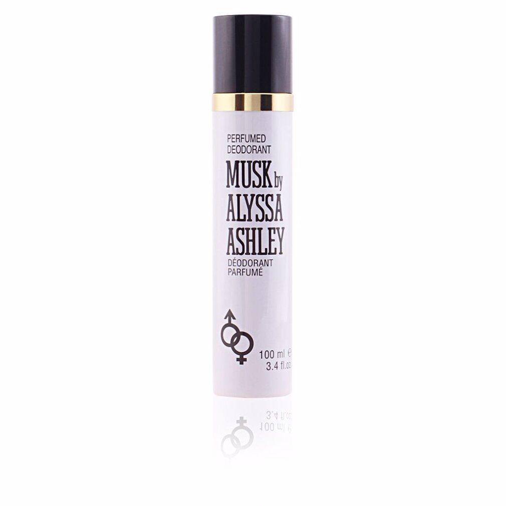 Deodorant-Spray mit schwarzem Deckel. Aufschrift: Musk by Alyssa Ashley. Geschlechter-Symbol. Weißes Behältnis.
