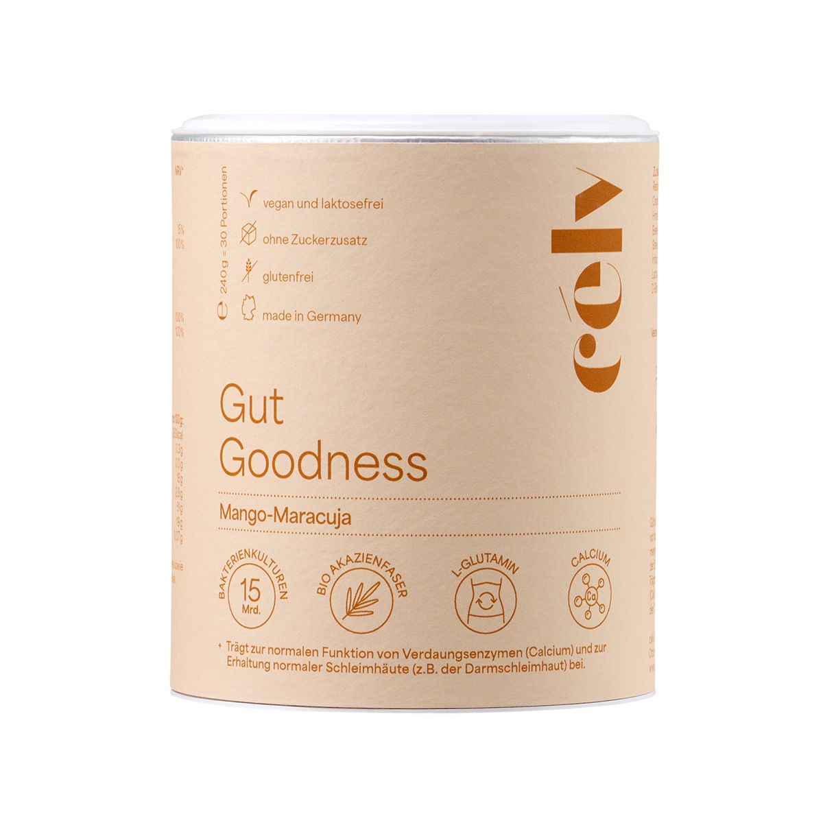 Zylindrische Dose mit Produktaufschrift „Gut Goodness“. Text: Mango-Maracuja, vegan, glutenfrei. Marke: célv. Enthält Bakterienkulturen, L-Glutamin, Calcium.