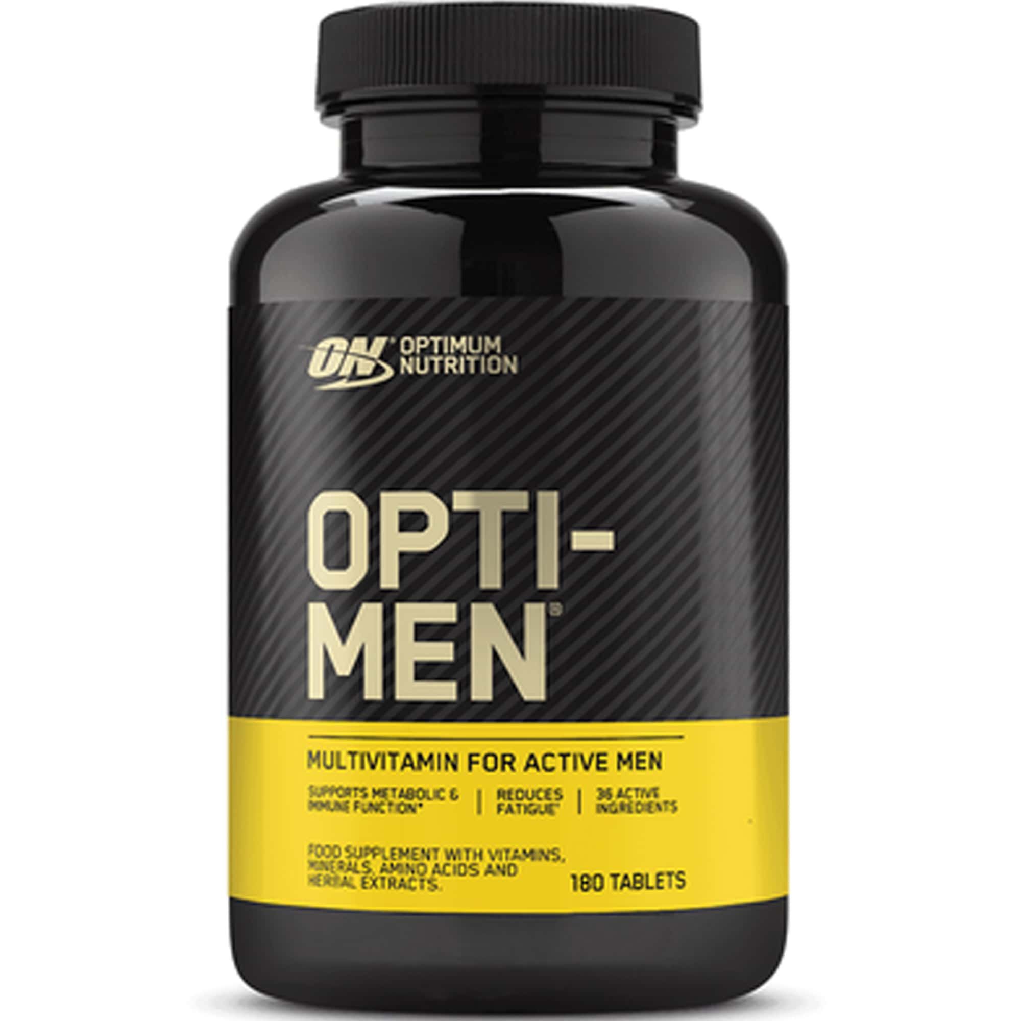 Schwarze Flasche mit OPTI-MEN-Etikett. Enthält 180 Tabletten. Aufschrift: Multivitamin für aktive Männer. Marke: Optimum Nutrition.