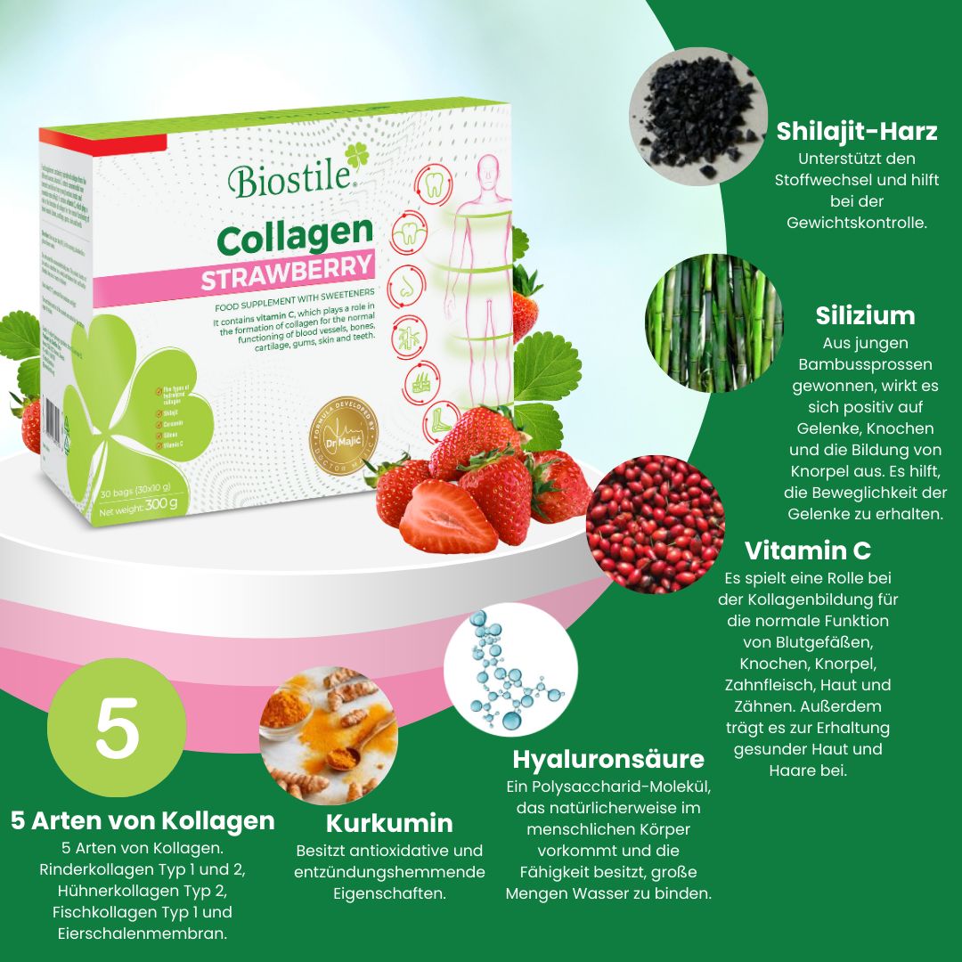 Biostile Collagen Strawberry Verpackung mit Zutaten wie Shilajit, Silizium, Vitamin C, Hyaluronsäure.