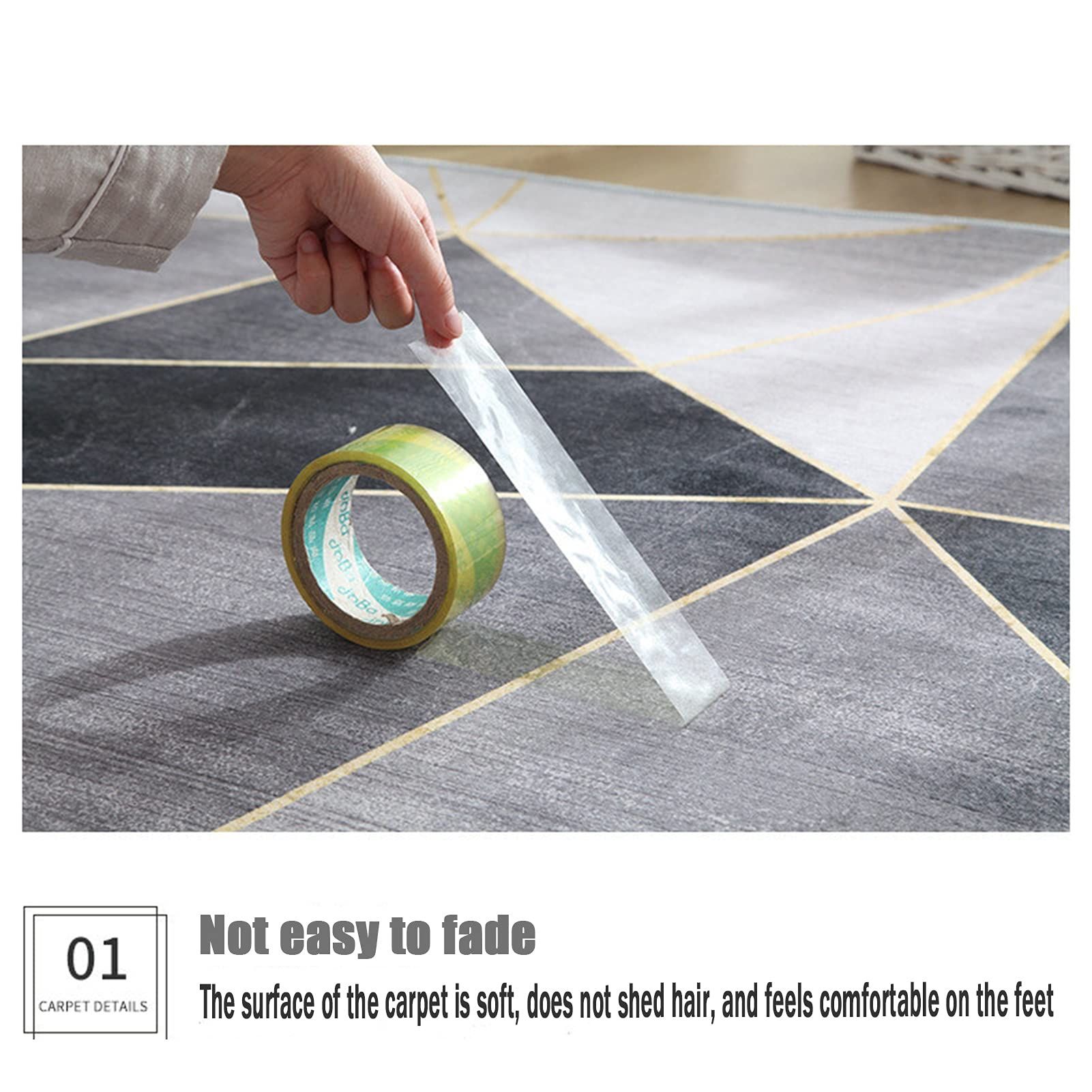 Teppich mit geometrischem Muster. Klebeband wird auf den Teppich geklebt.