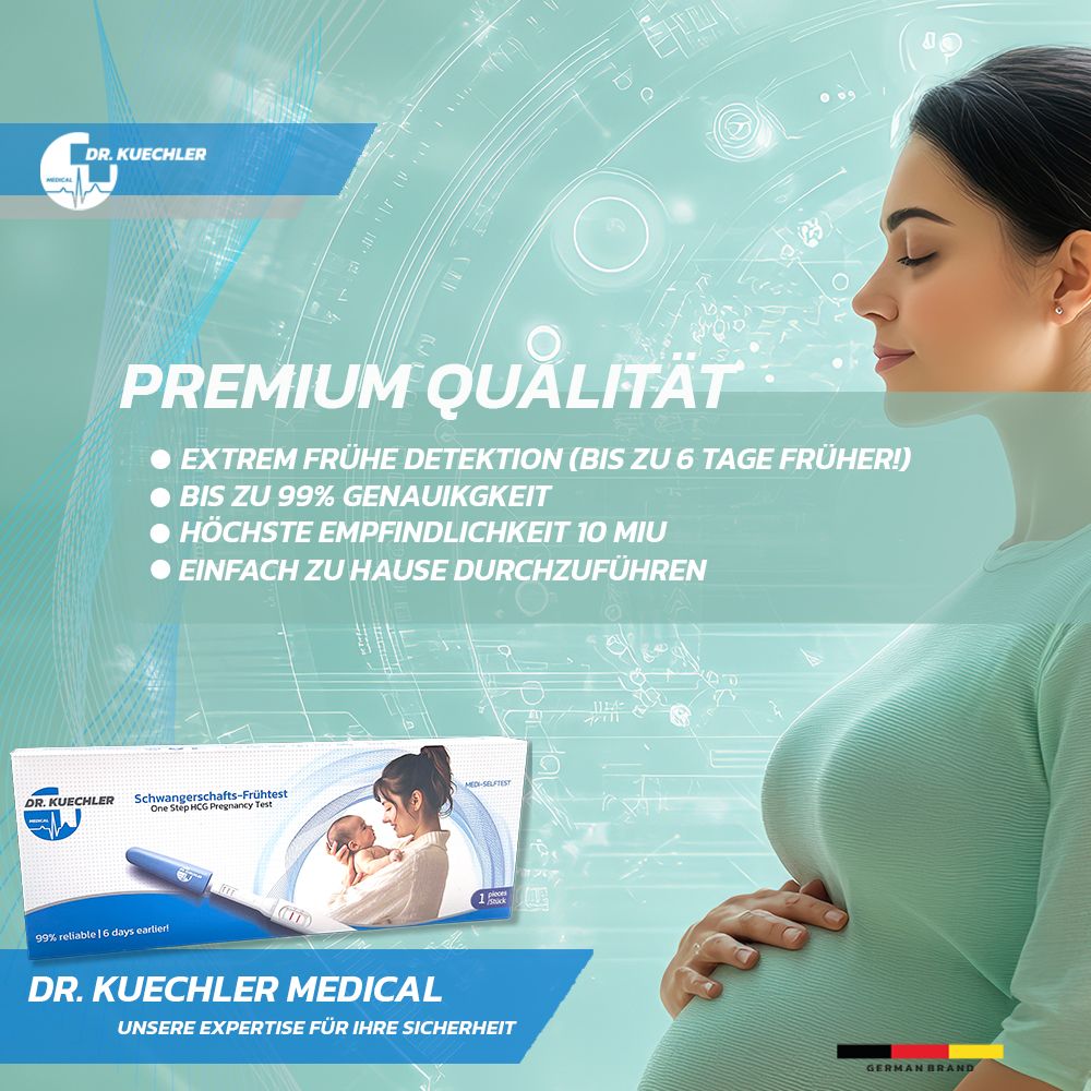 Schwangere Frau, im Vordergrund eine Testverpackung. "Premium Qualität", "Extrem frühe Detektion".