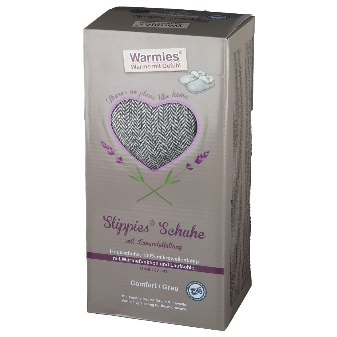 Warmies® Slippies-Schuh-Verpackung. Grau, mit Lavendelfüllung. Text und Logo auf der Verpackung.