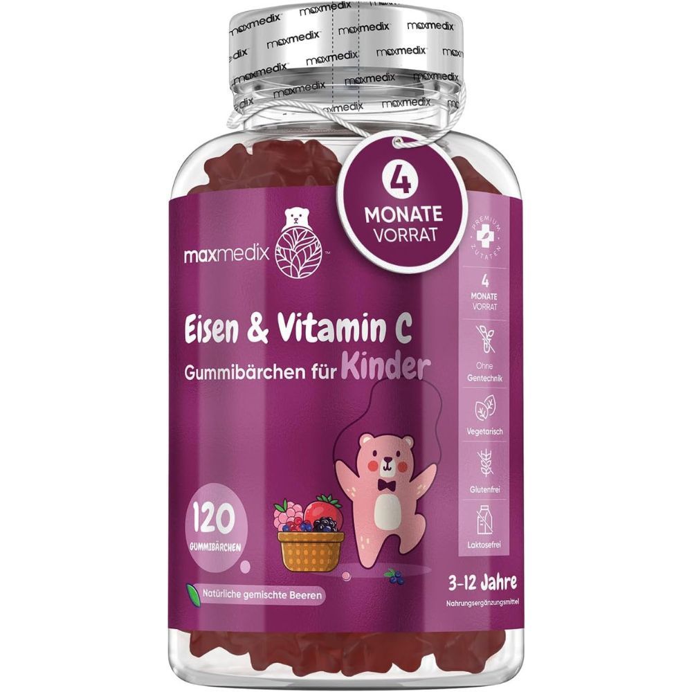 Glas mit Gummibärchen. Aufschrift: Eisen & Vitamin C für Kinder. 120 Gummibärchen. 4 Monate Vorrat.