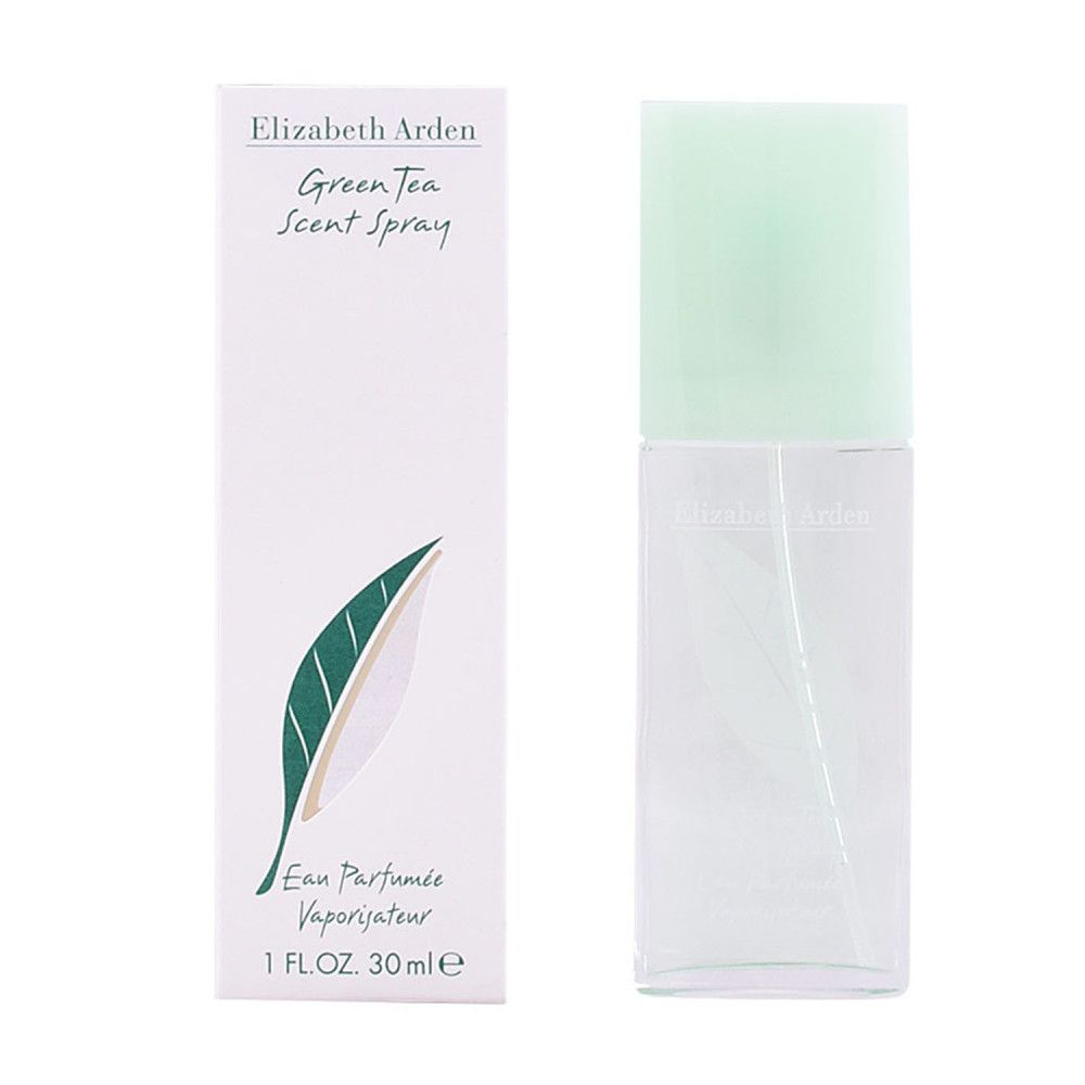 Elizabeth Arden Green Tea Scent Spray-Verpackung und Flakon. Weiß mit grünem Blatt-Dekor. Text: Eau Parfumée Vaporisateur, 1 FL.OZ. 30 ml.