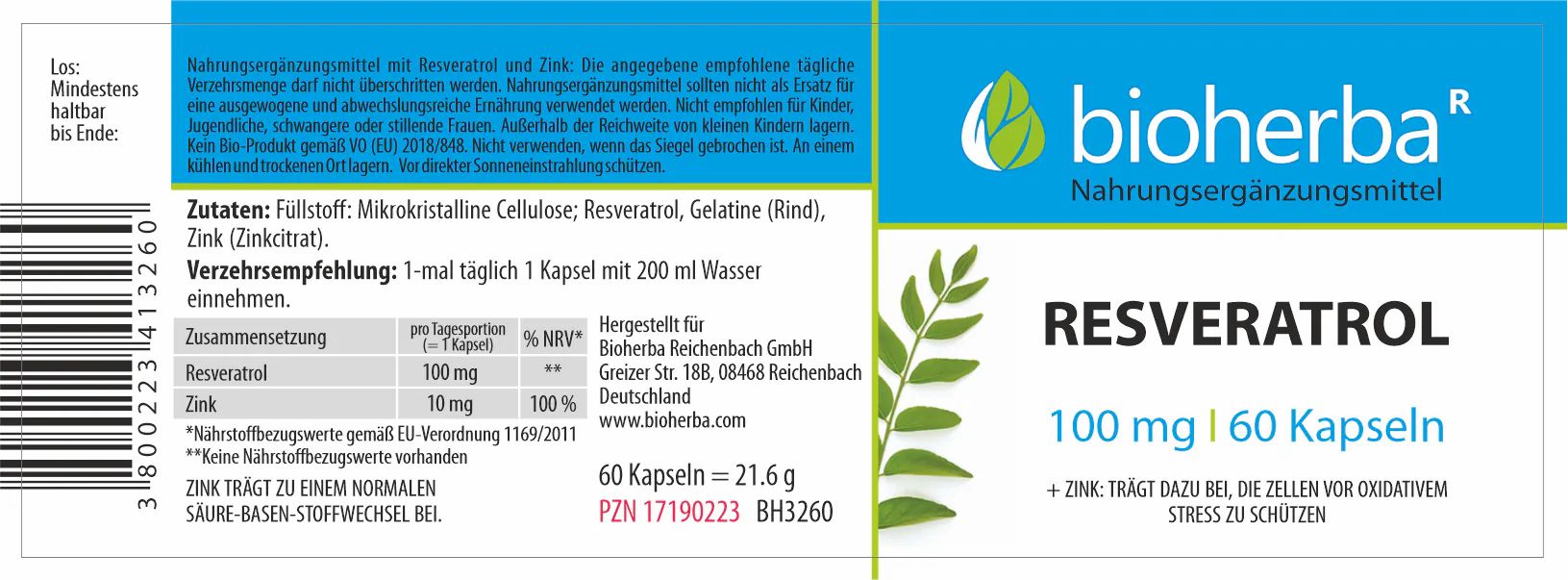 Etikett mit Produktinformationen. Enthält Text zu Inhaltsstoffen, Verzehrempfehlung und Hersteller. Marke: bioherba Resveratrol Kapseln.