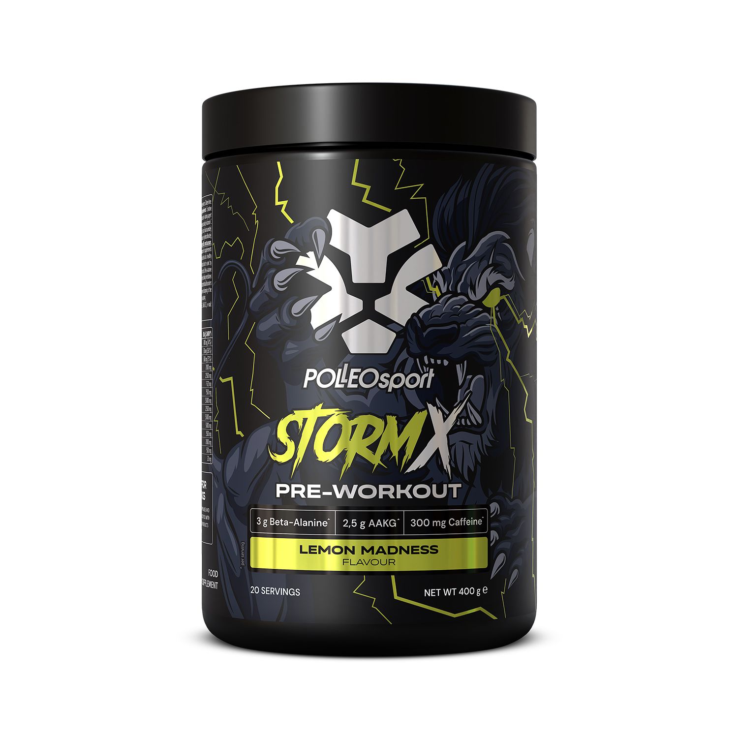 Schwarze Dose mit "STORMX PRE-WORKOUT"-Etikett. Enthält Beta-Alanin, AAKG und Koffein. "Lemon Madness"-Geschmack. 400g.