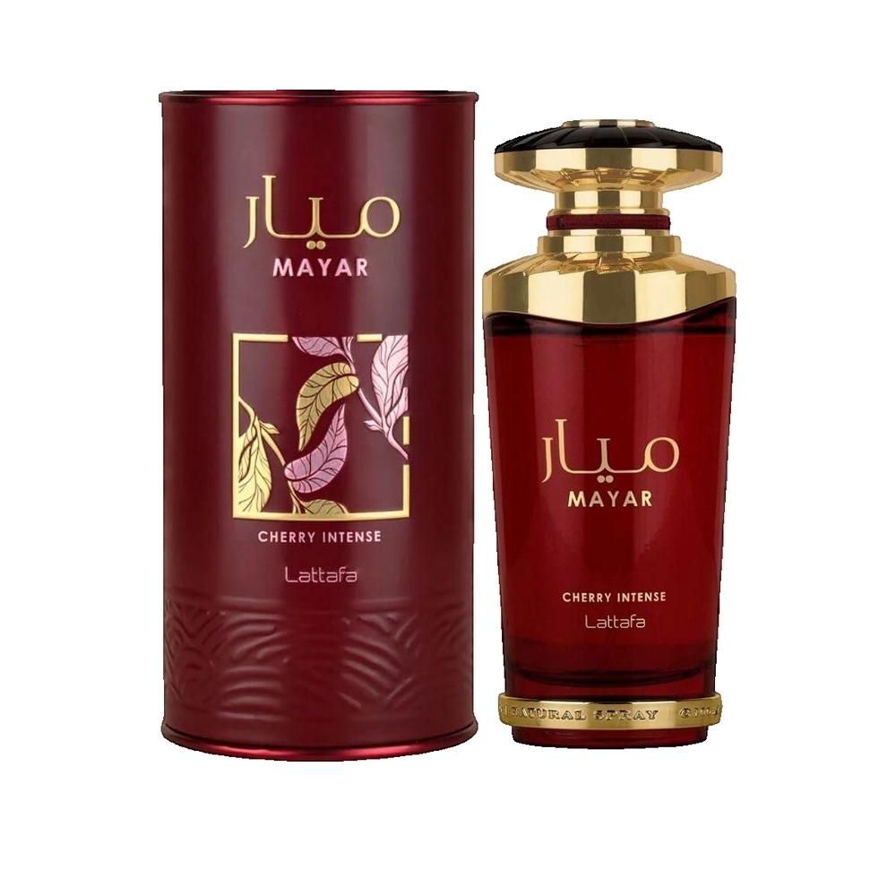 Rote Parfumflasche und Dose. Goldfarbene Akzente. Aufschrift: MAYAR, CHERRY INTENSE, Lattafa. Abbildung von Blättern.