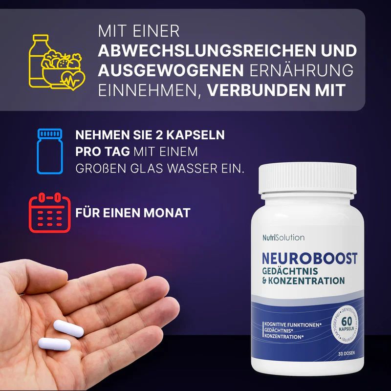 Hand mit Kapseln neben Produktflasche. Aufschrift: Neuro Boost, Gedächtnis & Konzentration. 60 Kapseln. Einnahme-Anleitung.