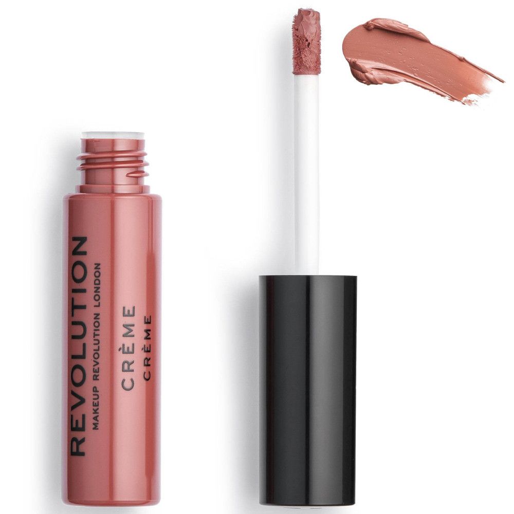 Lippenstift-Fläschchen mit Applikator und Farbmuster. Marke: Makeup Revolution London. Text: Crème.