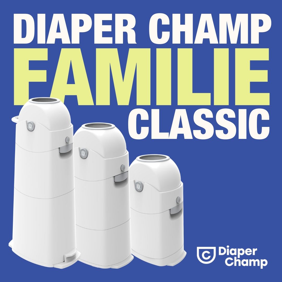 Drei weiße Windeleimer. Text: DIAPER CHAMP FAMILIE CLASSIC. Logo: Diaper Champ.
